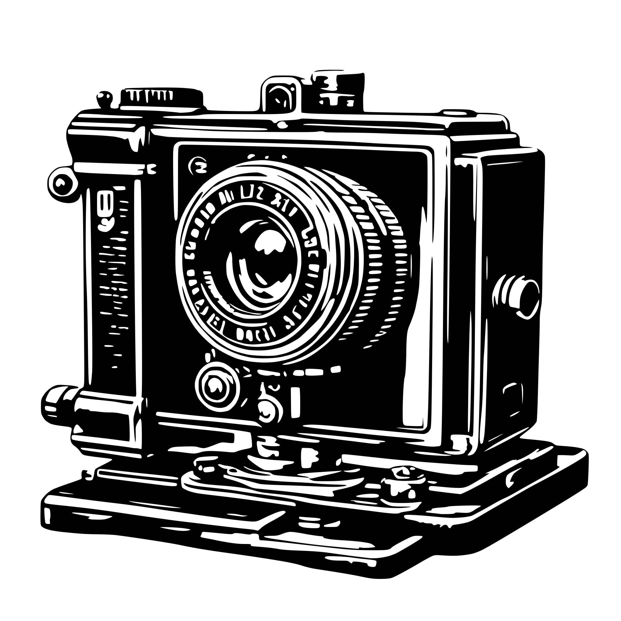 AI-generated SVG of a A detailed black and white SVG illustration of a vintage grandfather A black and white SVG of a vintage camera with a collapsible bellows design. The camera is angled slightly, showing the lens, shutter, and folding mechanism. The design is detailed with screws and textures on the body.. The clock has a tall, ornate wooden frame with visible pendulum and clock face. Roman numerals and decorative carvings adorn its surface.