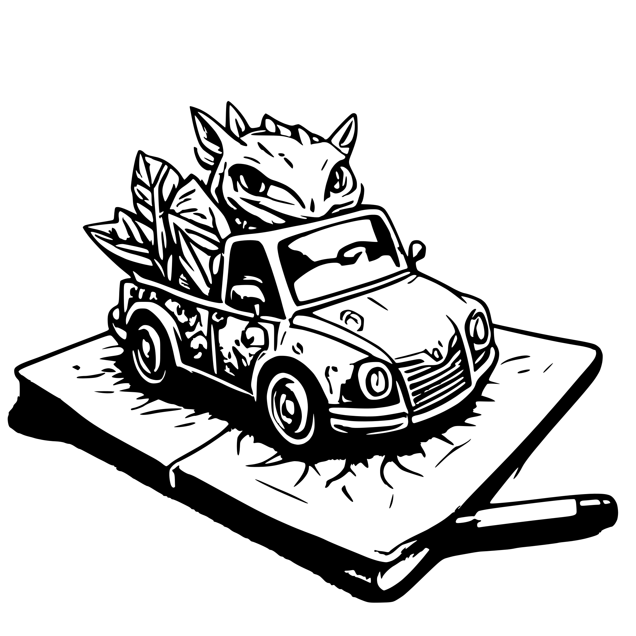 AI-generated SVG of a Book dragon driving car