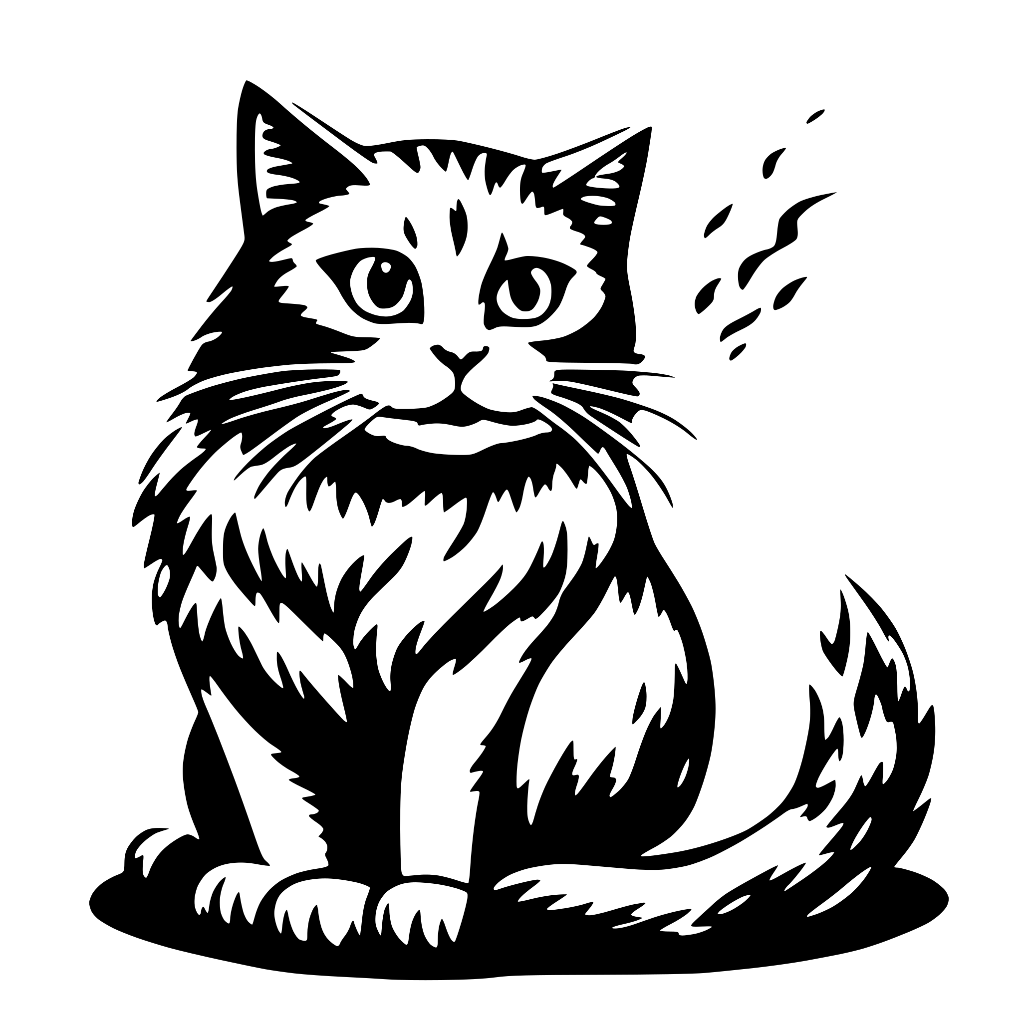 AI-generated SVG of a black and white fat long hair cat breathing fire