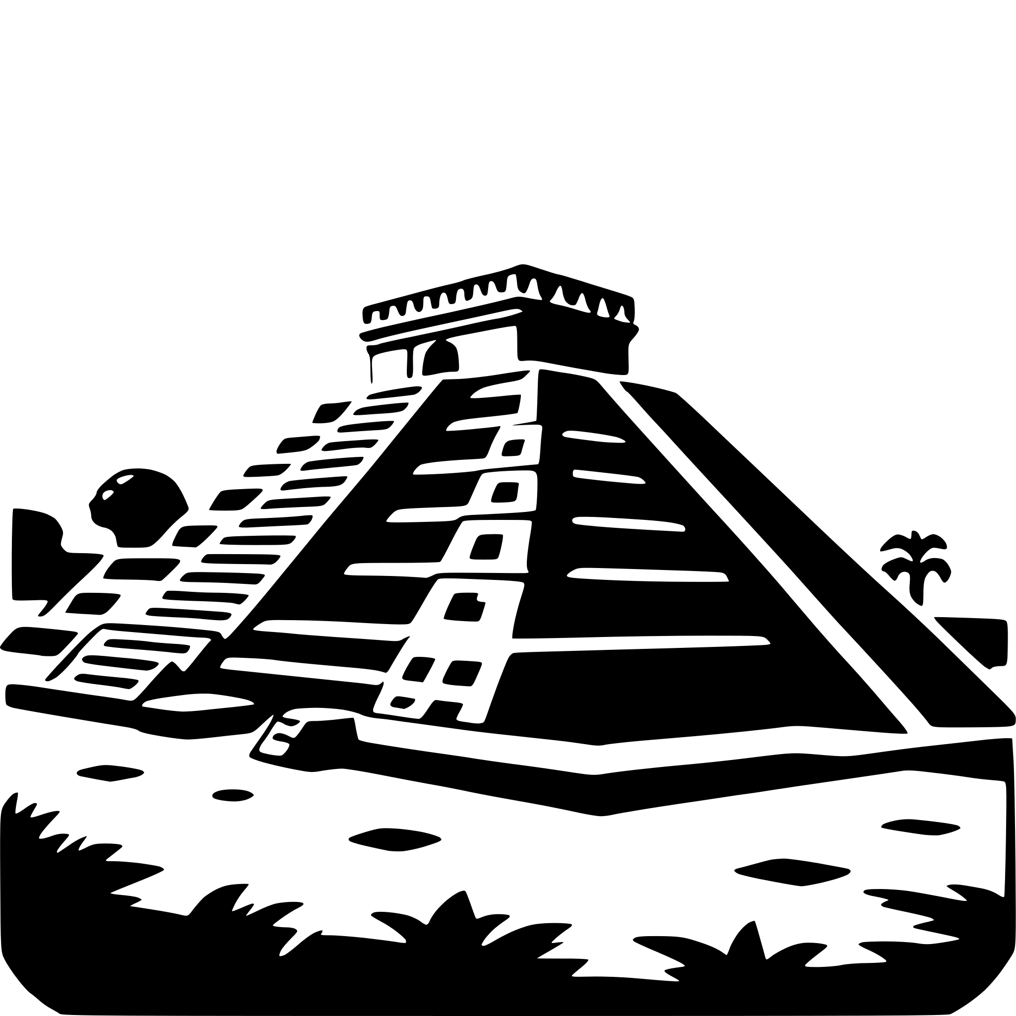 The SVG depicts a stylized representation of the Pyramid of the Sun at the Teotihuacan archaeological site in Mexico. The pyramid is shown with a series of stepped levels leading up to a flat top, and there are smaller structures or platforms at the base. The surrounding area is illustrated with a few trees and what appears to be a small body of water or a pond. The graphic is in black and white, emphasizing the geometric shapes and the contrast between the pyramid and the surrounding environment. 
