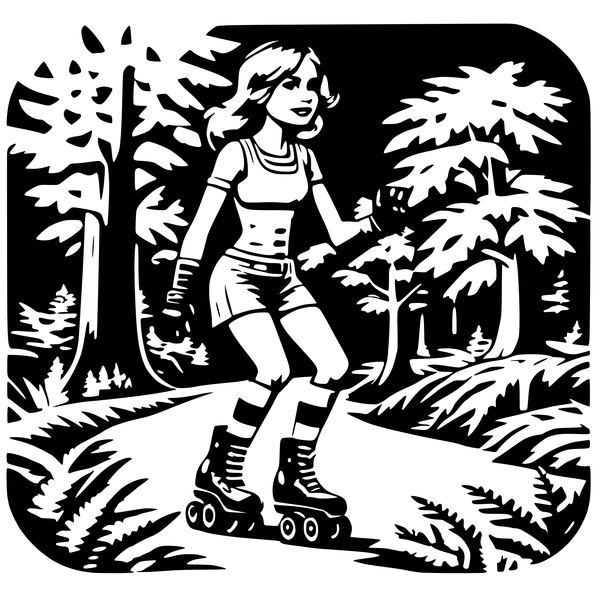 AI-generated SVG of a in the forrest with  tree  nordic Scandinavian Outdoor feminist strong power nature girls roller rollerskates derby fern