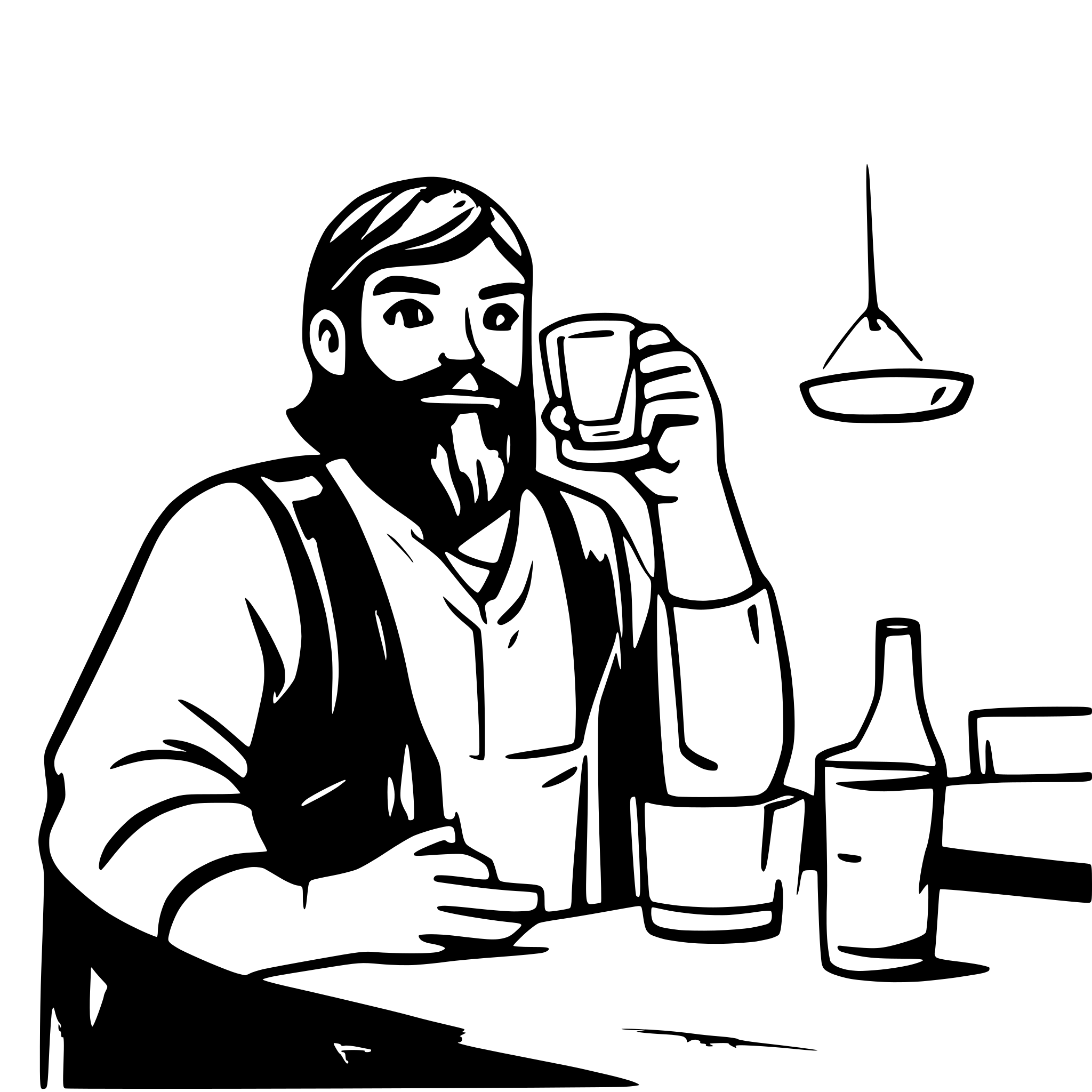 AI-generated SVG of a A person is drinking in a tavern, surrounded by emptiness. The person has a long beard and is wearing casual clothes