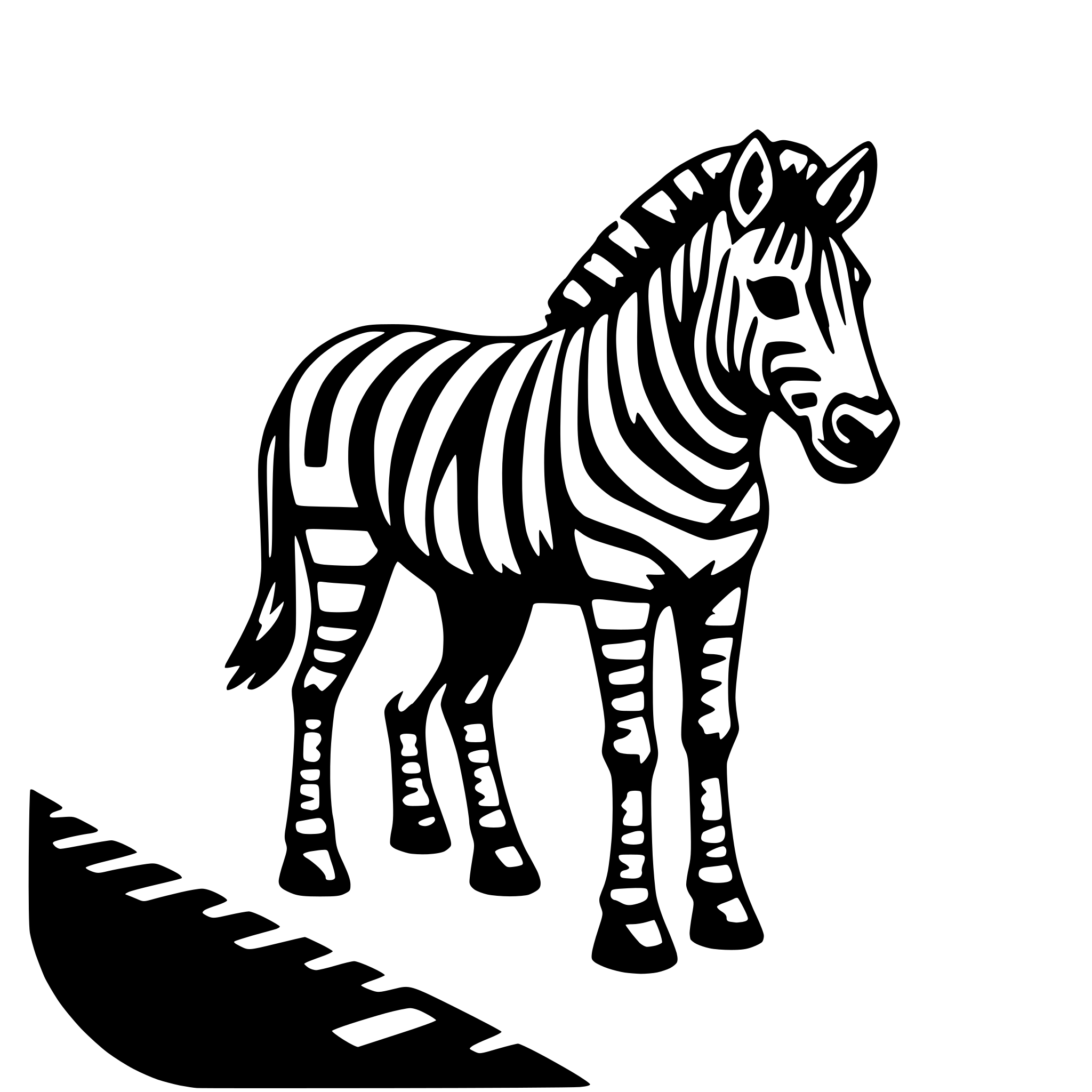 The SVG features a stylized black and white illustration of a zebra standing on a road. The zebra is depicted with its head turned to the side, showing its distinctive black and white stripes. Its mane and tail are also striped, and it has four legs. The road beneath the zebra is shown with a dashed line, suggesting a path or lane. The zebra is the central figure in the SVG, and there is no interaction between the zebra and the road, as they are separate elements in the graphic. 