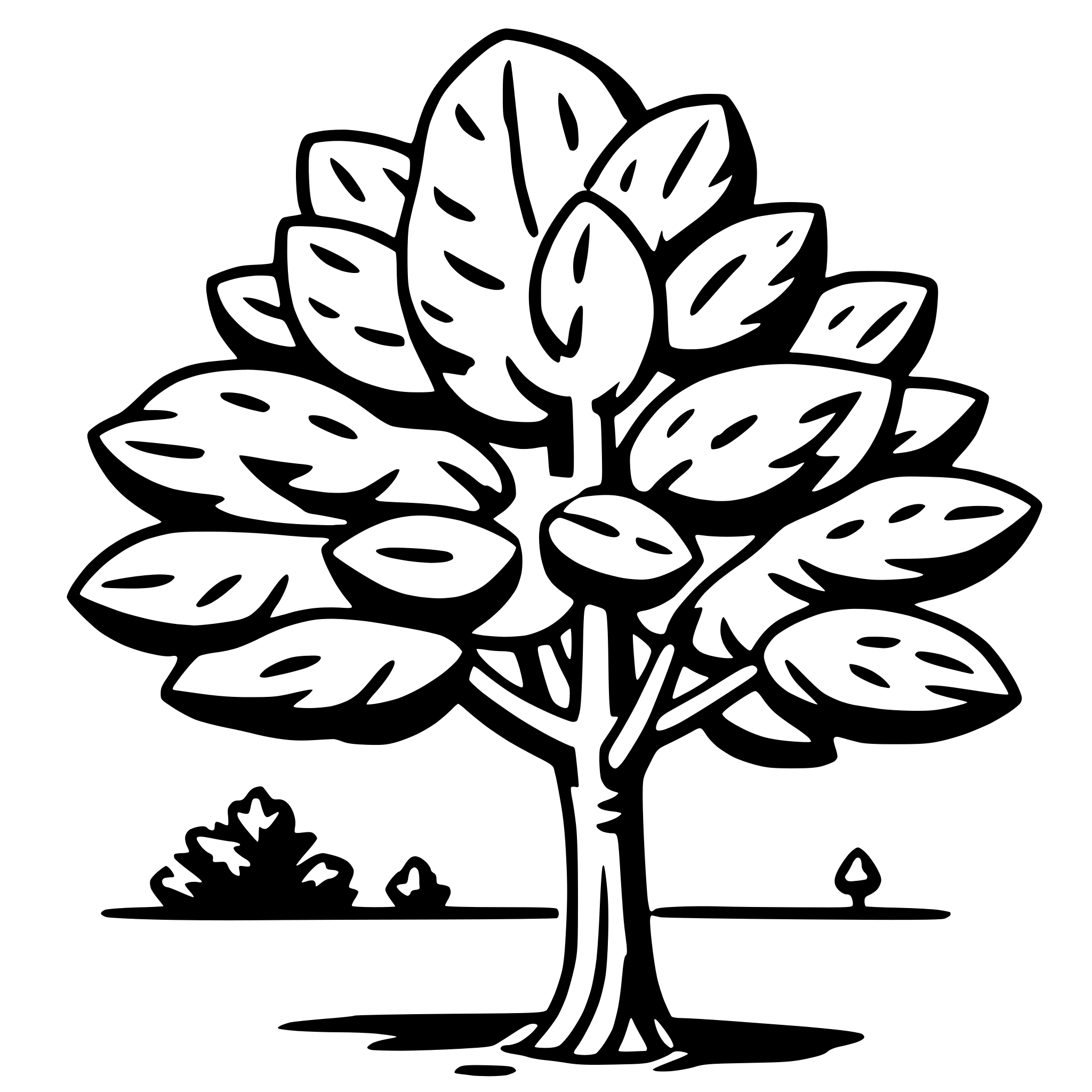 The SVG depicts a stylized tree with a prominent trunk and a canopy of leaves. The leaves are arranged in a symmetrical pattern, with the largest leaves at the top and smaller ones towards the bottom. The tree is set against a simple background that suggests a landscape with a horizon line and a few small trees or bushes. The style is minimalistic and appears to be a digital illustration. 