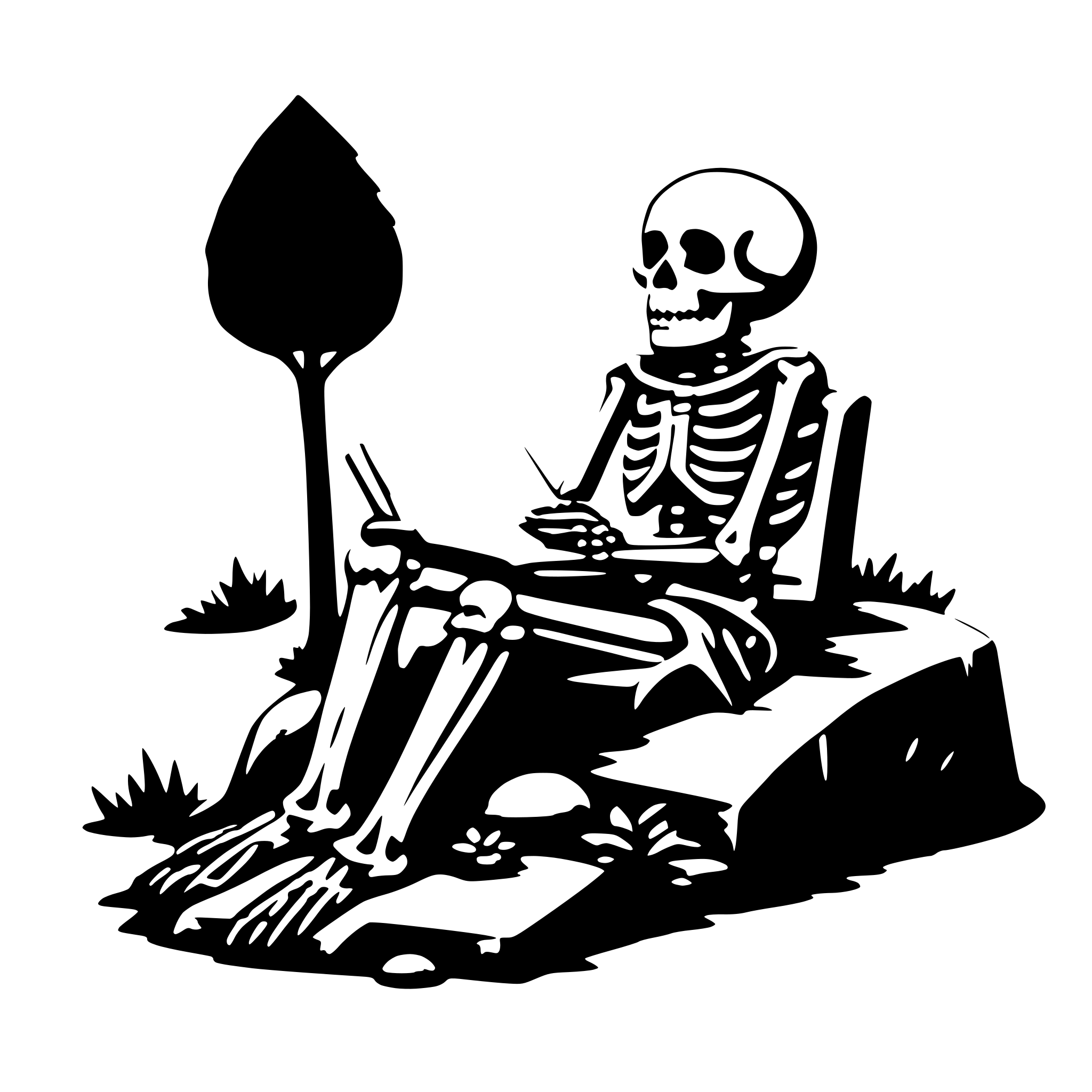AI-generated SVG of a a skeleton sitting on a grave an reading