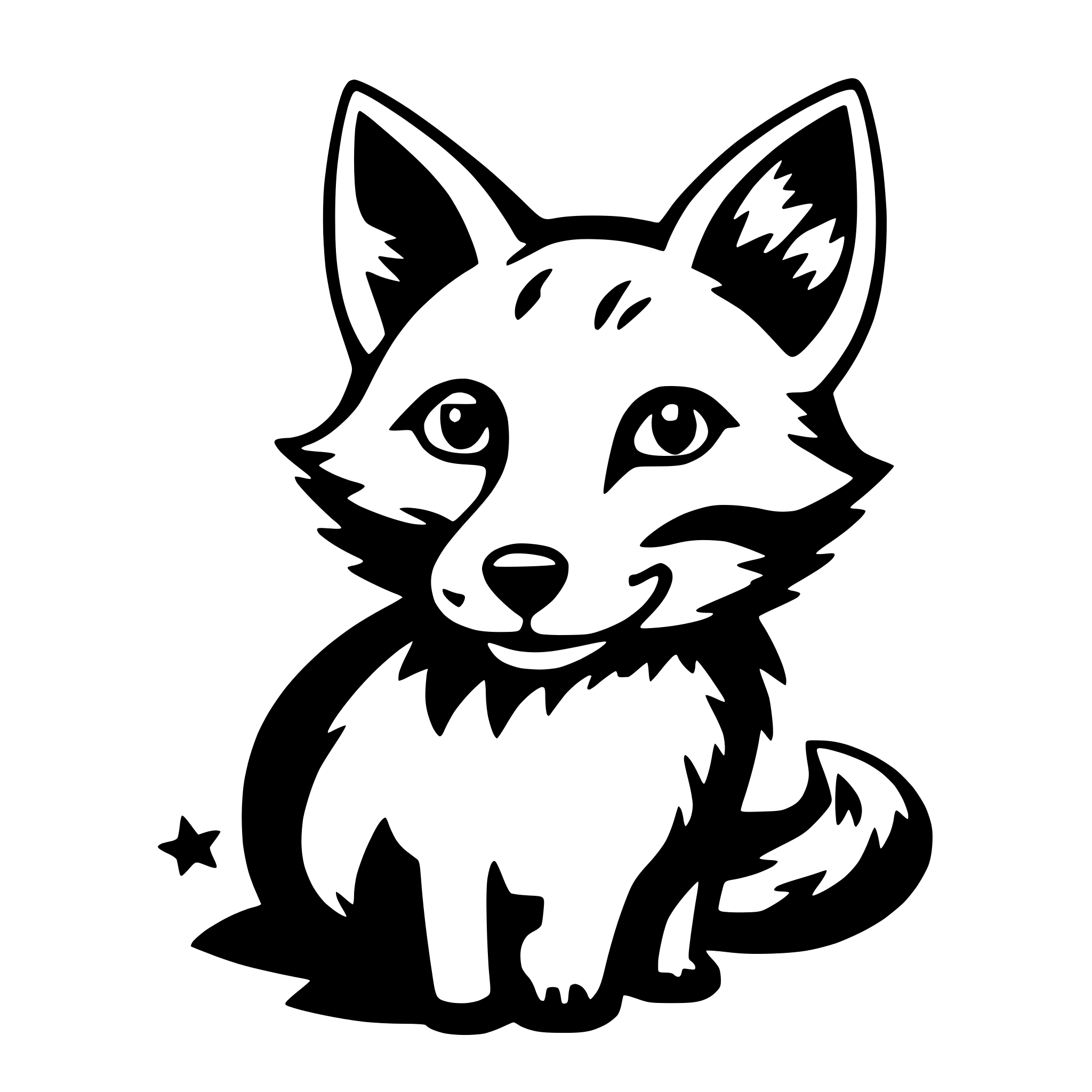 The SVG features a stylized, cartoon-like depiction of a fox. The fox is sitting upright with its tail curled around its body. It has large, pointed ears and a bushy tail. The fox's eyes are wide and round, and it has a small, triangular nose. There is a small star-like shape to the right of the fox, suggesting a playful or whimsical theme. The fox appears to be looking directly at the viewer, giving the impression of a friendly or curious expression. 