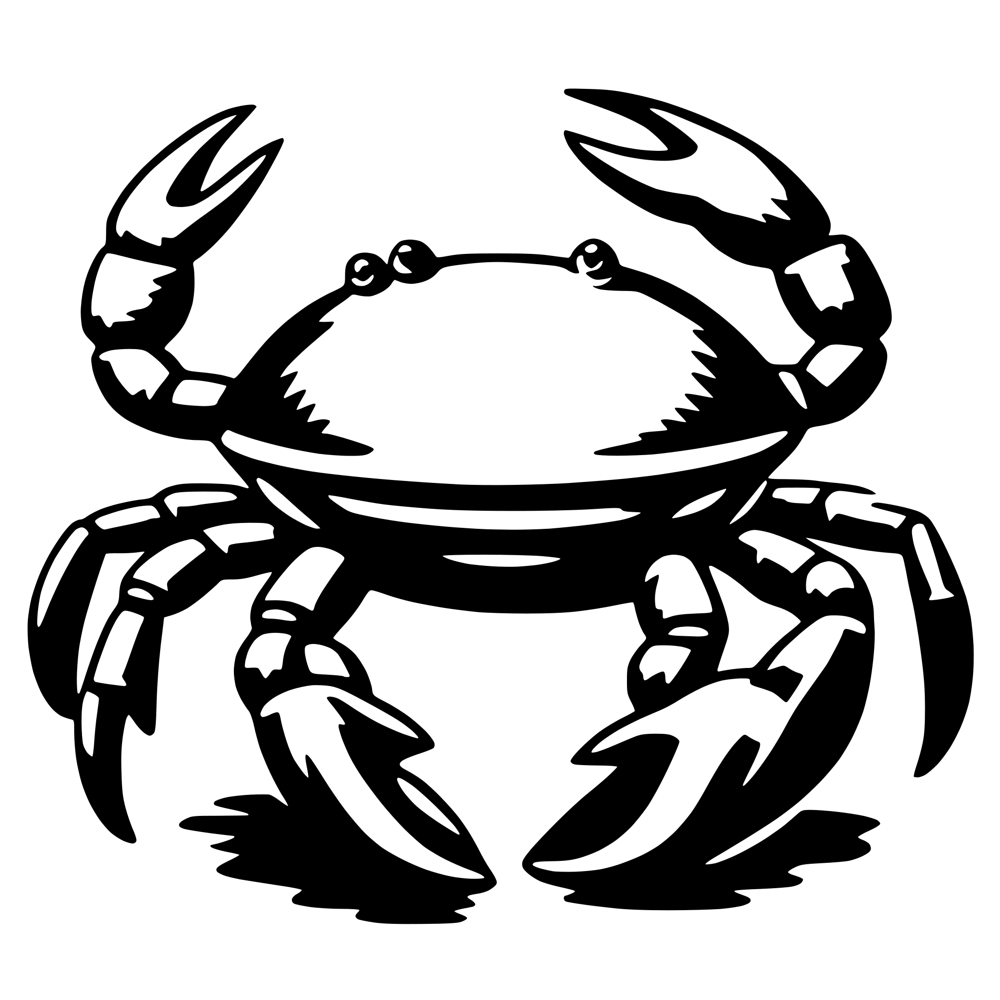 The SVG depicts a stylized illustration of a crab. The crab is shown with its claws extended outward, and its body is oval-shaped with a smooth surface. The crab's eyes are represented by two small dots, and it has a pair of antennae on its head. The crab is set against a plain background, and there are no other objects or interactions depicted in the SVG. 