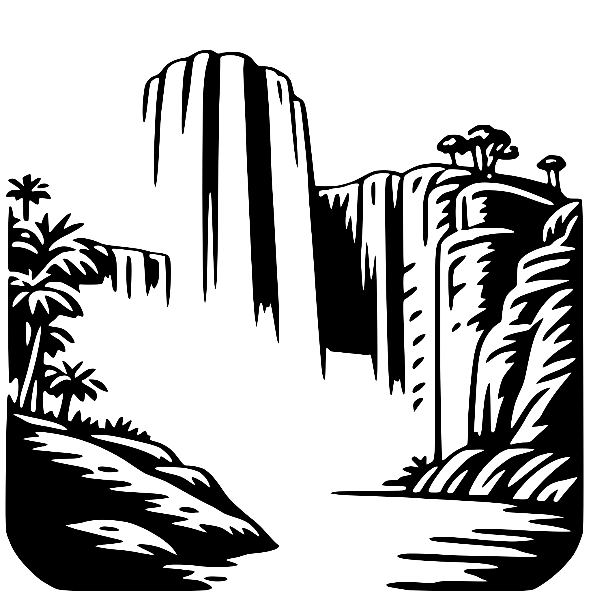 The SVG depicts a stylized landscape scene. On the left side, there is a small, detailed palm tree with a few leaves, suggesting a tropical setting. In the center, there is a large, jagged mountain or cliff face with a waterfall cascading down its side, indicating a natural, possibly rugged environment. The right side of the SVG shows a smaller, less detailed palm tree, which is partially obscured by the mountain. The overall style is simplistic and appears to be a black and white line drawing, with no shading or color information. The SVG does not contain any text or additional elements that would provide more context or information about the scene. 
