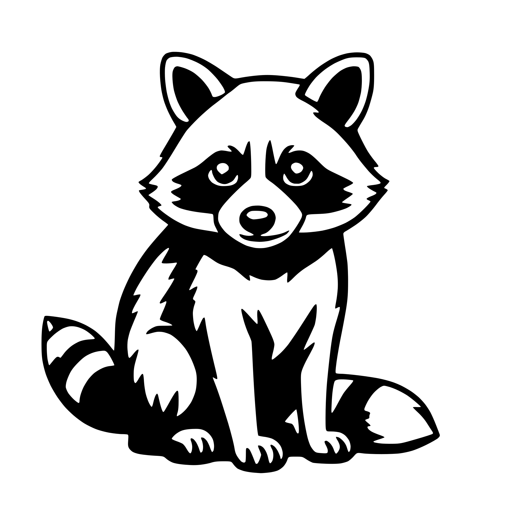 The SVG features a stylized, cartoon-like depiction of a raccoon. The raccoon is sitting upright on its hind legs, with its front paws resting on its chest. It has a round head with large, expressive eyes, and a small, pointed nose. The raccoon's ears are perked up, and it has a striped tail that is curled around its body. The SVG is simple and uses solid colors without any shading or gradients, giving it a flat design appearance. The raccoon is the central figure in the SVG, and there are no other objects or interactions depicted. 