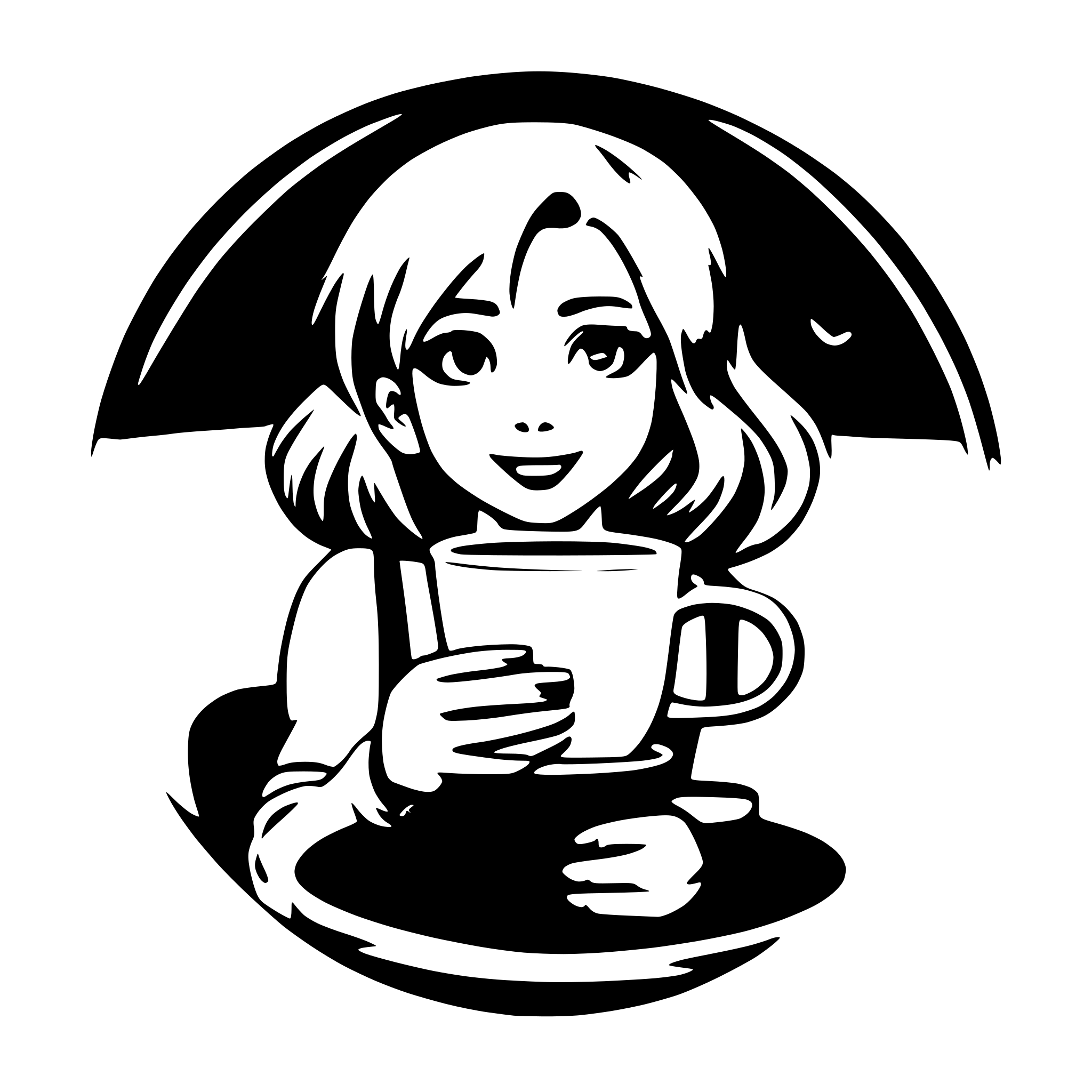 AI-generated SVG of 'Anime coffee shop logo circle in blue colors and girl with pink hair and big cup coffee'