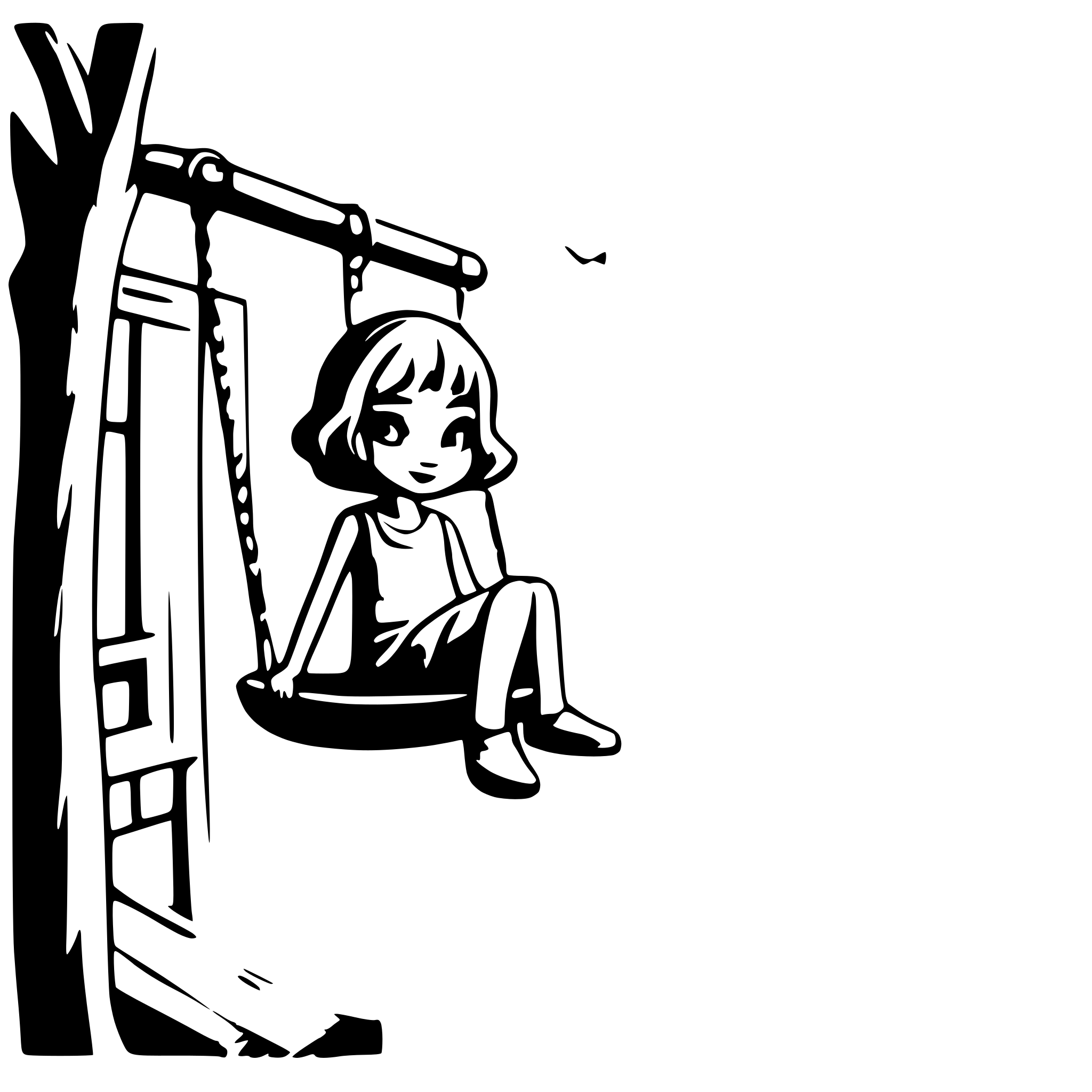 AI-generated SVG of a hill with tree, girl on a house balcony on pod swing