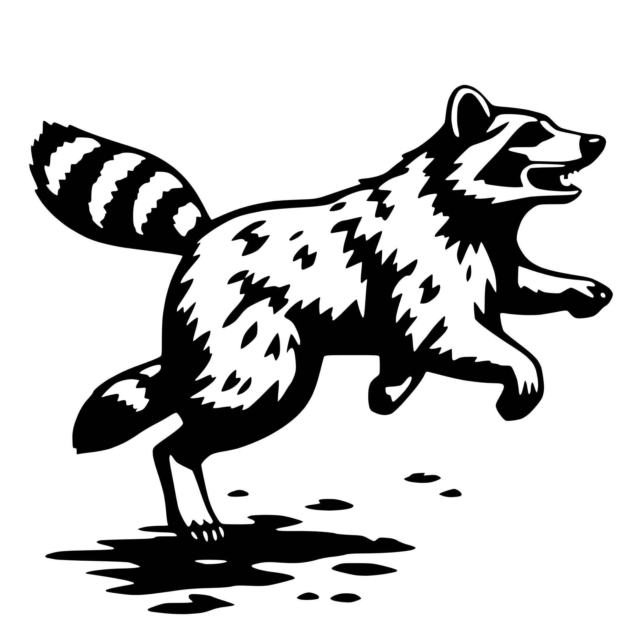 AI-generated SVG of a 2D outline of a racoon running, right profile, simple