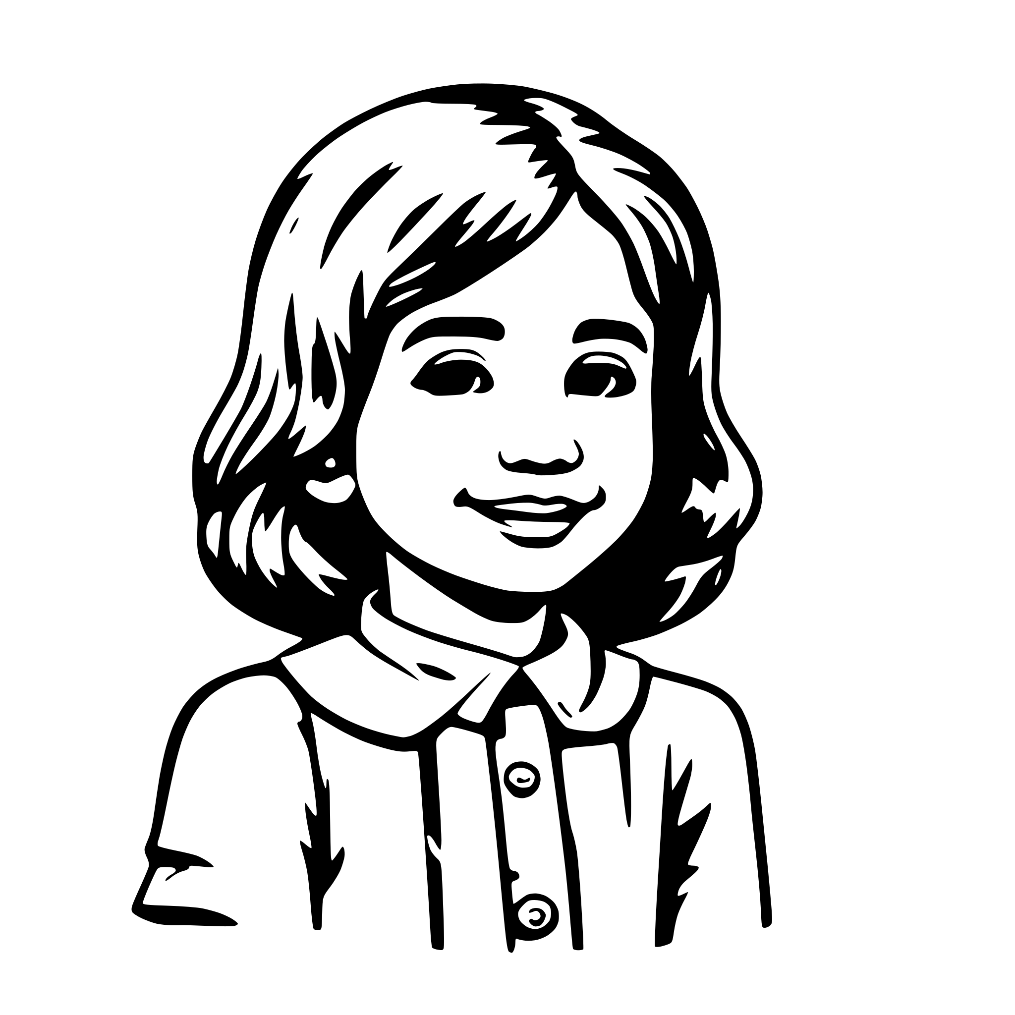 AI-generated SVG of a line art anak berambut ikal panjang kartun