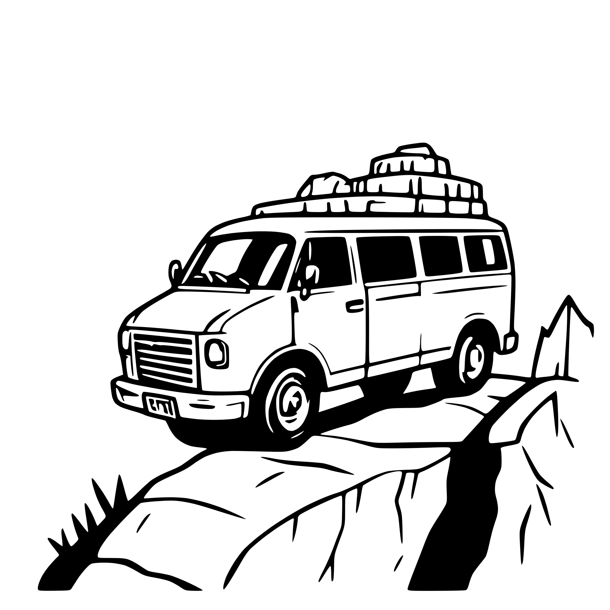 AI-generated SVG of a GMC savana on cliff peak over looking a beautiful valley below