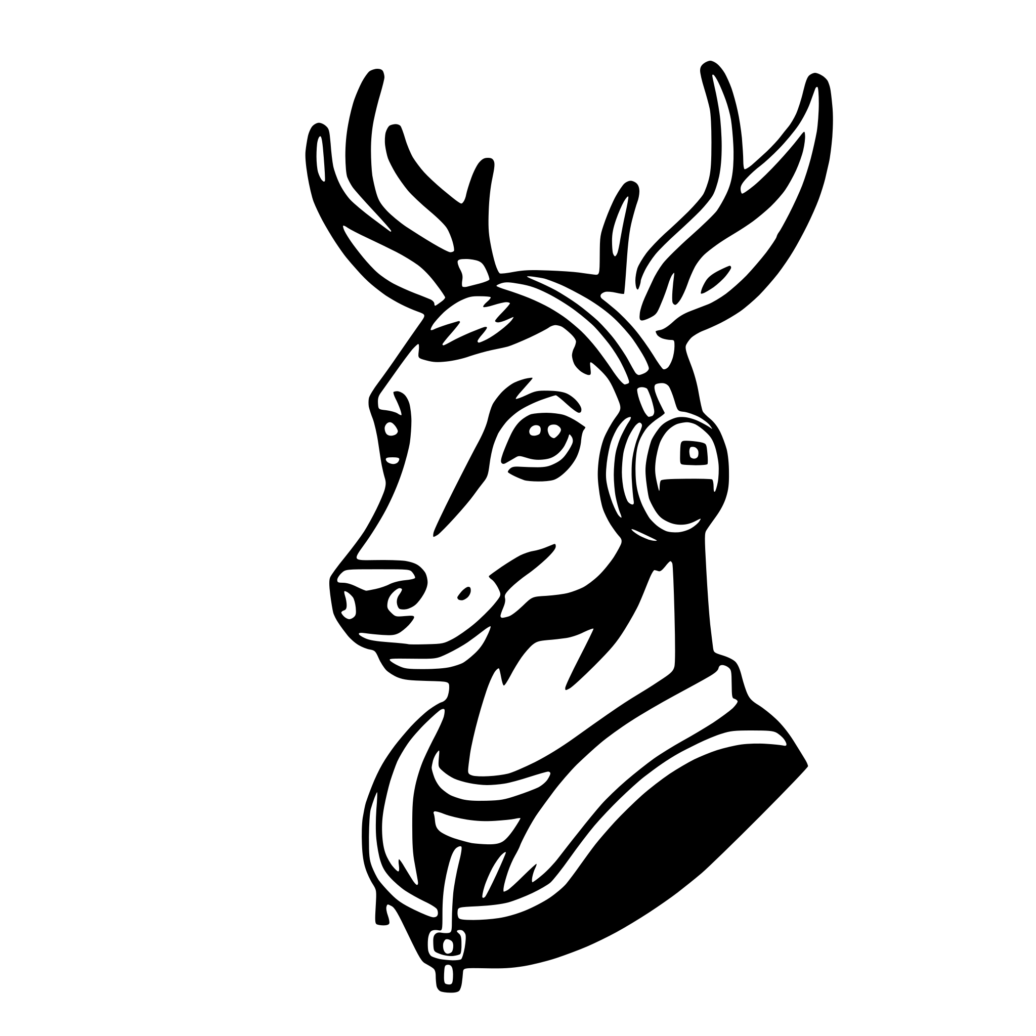 The SVG features a stylized black and white illustration of a deer's head. The deer is wearing a pair of headphones around its neck, with the ear cups positioned over its ears. The deer's eyes are looking directly at the viewer, and it has a neutral expression. The headphones have a simple design with a visible brand logo on the side of the ear cups. The deer's antlers are depicted in a simplified manner, with the tines curving outward from the top of its head. The SVG has a clean, modern aesthetic, with no additional text or background elements. 