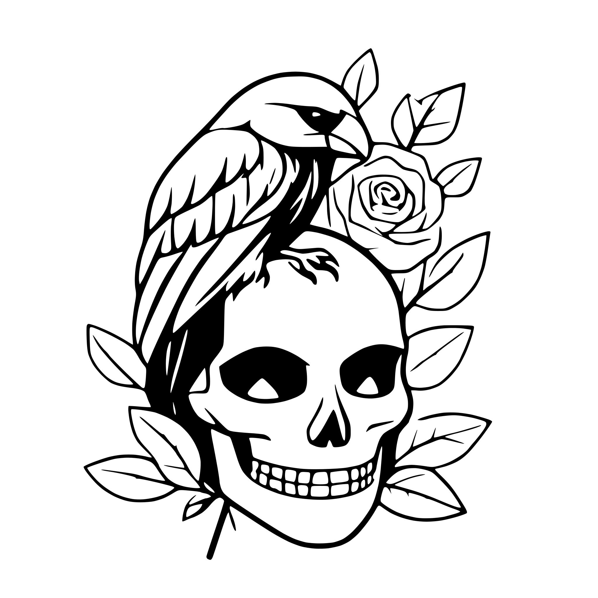 AI-generated SVG of a raven on skull with roses