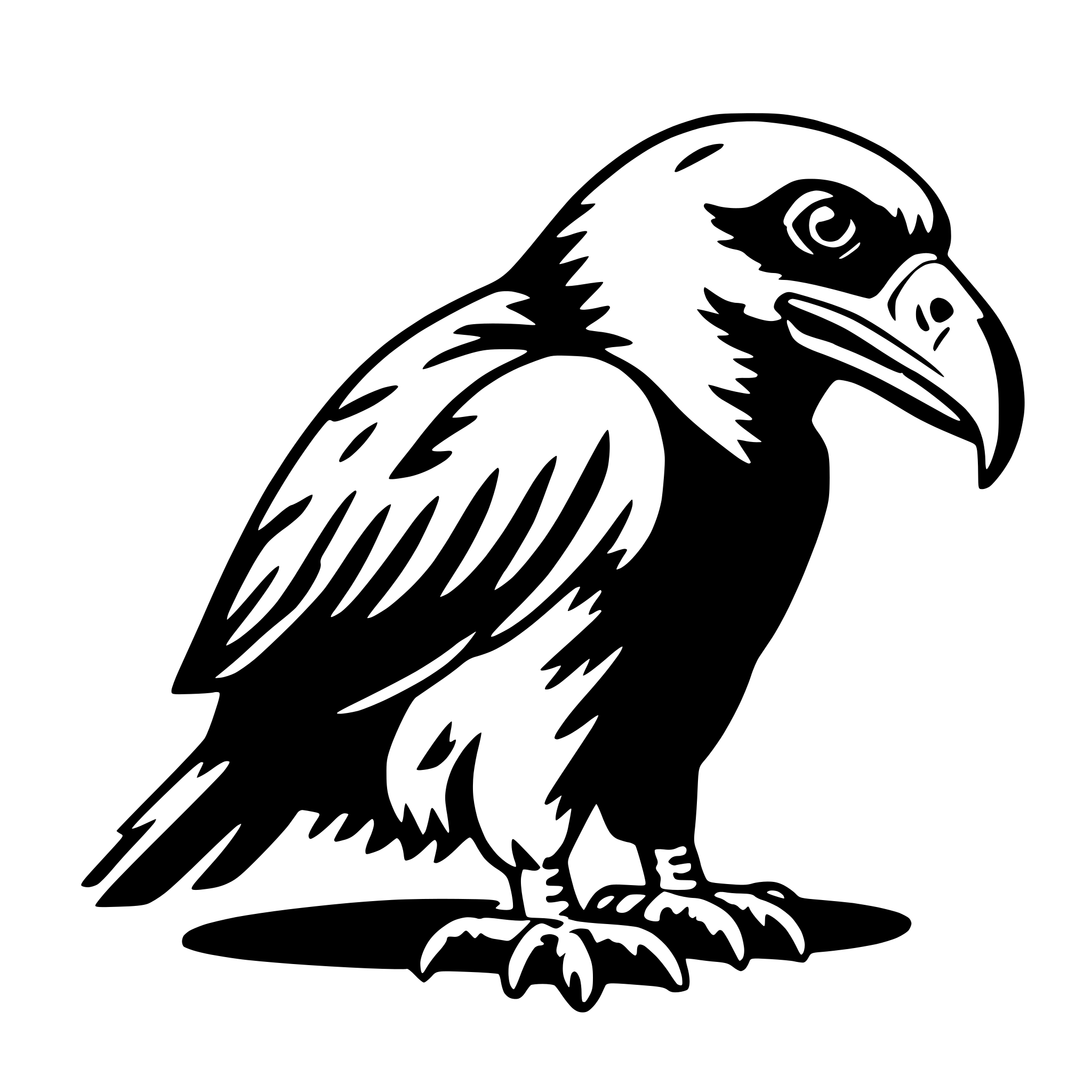 The SVG depicts a stylized black and white illustration of a bird, likely a raven or crow, standing on one leg. The bird has a prominent beak, a large head, and a detailed feather pattern. It is facing slightly to the left with its wings folded close to its body. The bird's tail feathers are fanned out, and its feet are sharp and pointed, typical of many bird species. The SVG is simple and does not contain any additional objects or interactions. 