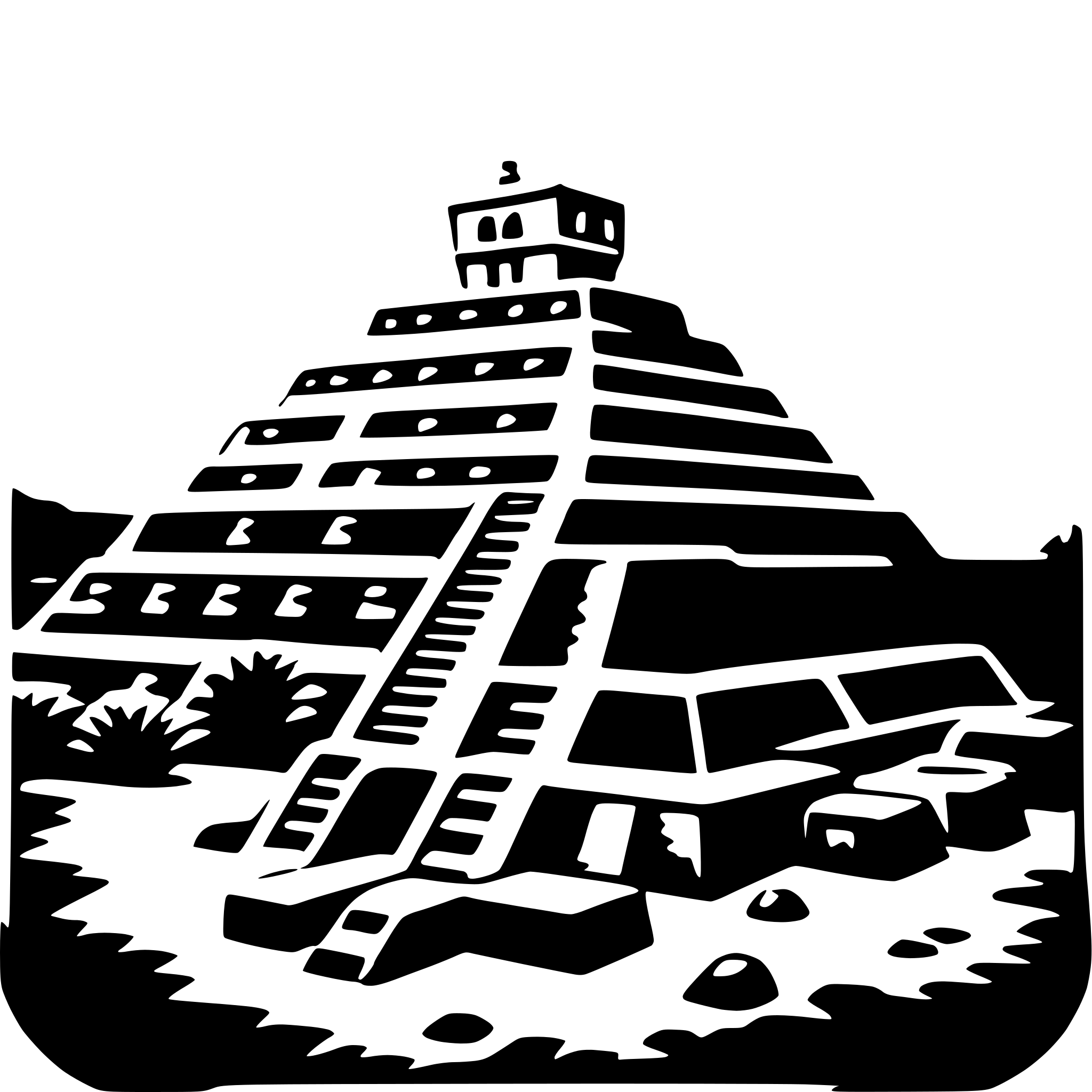 The SVG depicts a stylized pyramid with a temple-like structure on top, set against a simplified landscape. The pyramid has multiple levels with what appear to be windows or doors on each side. There are stairs leading up to the top of the pyramid. In front of the pyramid, there is a flat area with a few small structures or shrines, and a small body of water. The landscape includes a few trees and a small hill or mound. The overall style is minimalistic and appears to be a silhouette or outline drawing. 