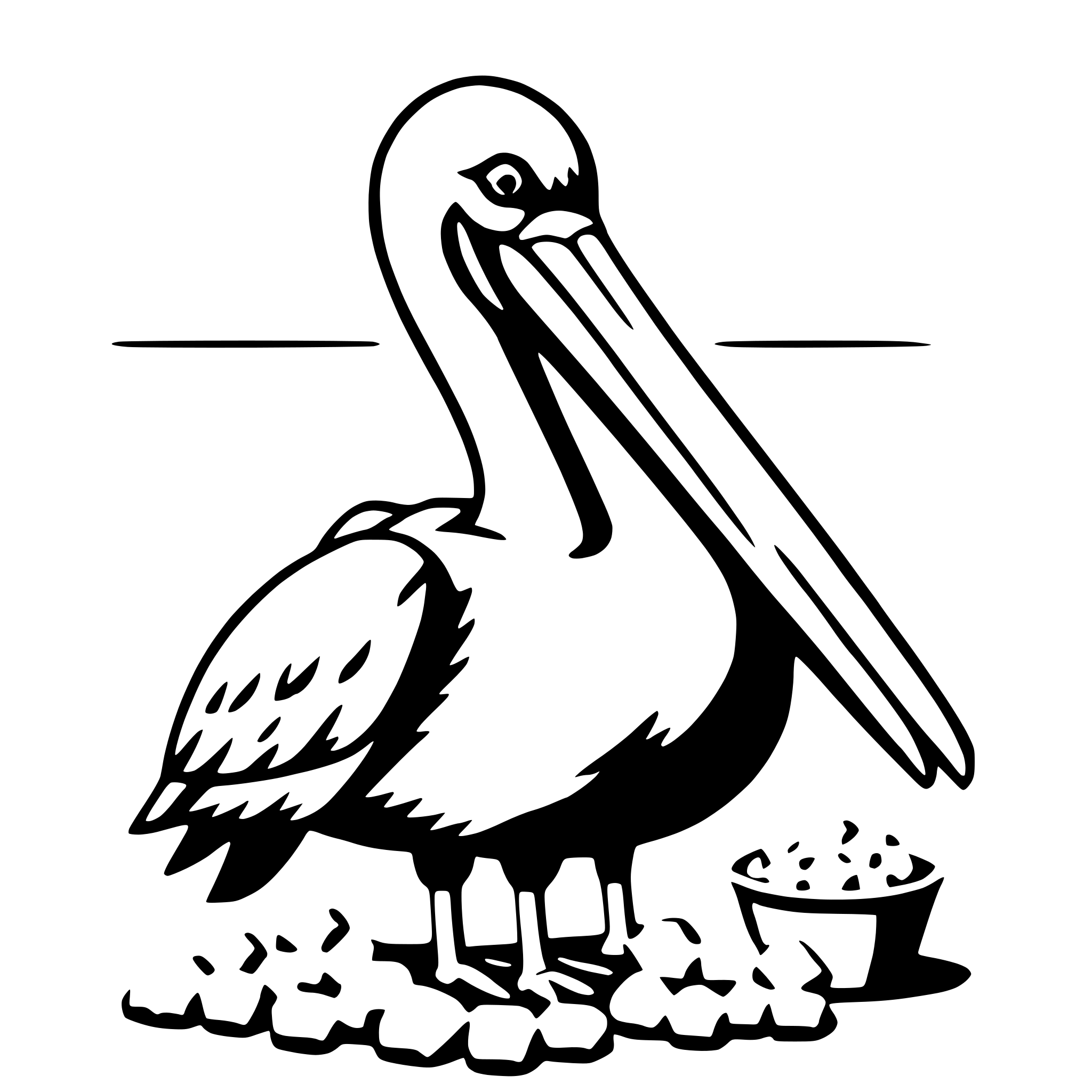 The SVG features a stylized depiction of a pelican. The pelican is standing on a rocky surface, with its long beak open, revealing its pouch. The bird is facing towards the right side of the SVG. There is a small bowl or dish placed in front of the pelican, which appears to be filled with food. The overall style of the SVG is simple and cartoonish, with solid black outlines and no shading or coloring. 