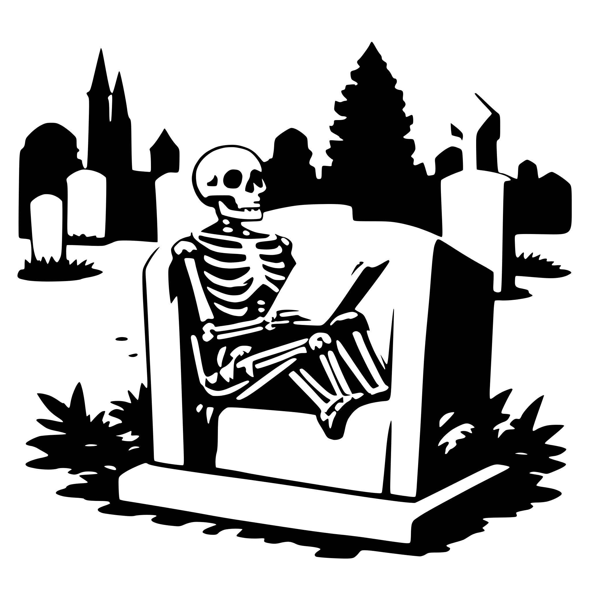 AI-generated SVG of a a skeleton on a cemetery reading a big book