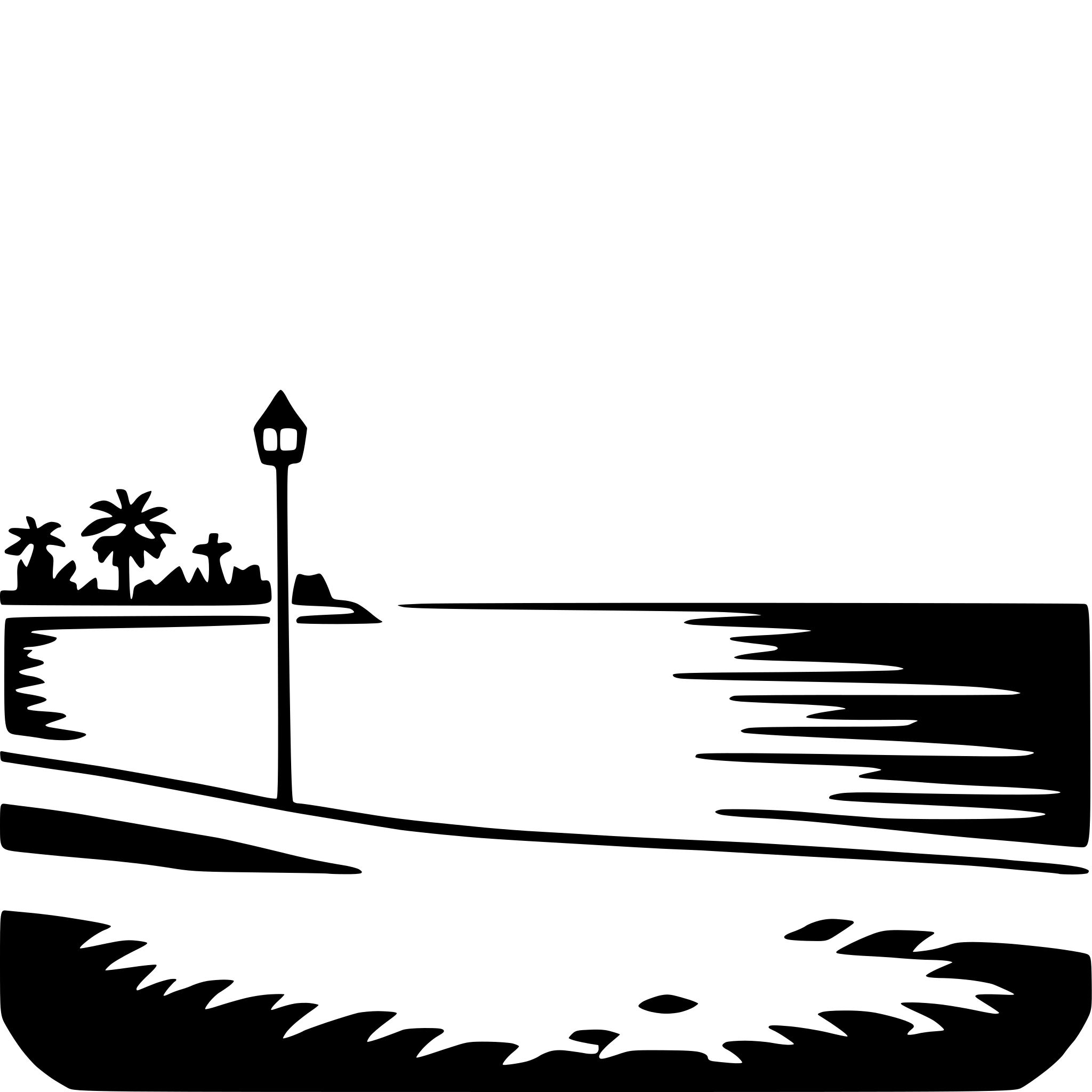 The SVG depicts a stylized beach scene. The main objects are a tall lamp post on the left side, a body of water that appears to be a lake or a calm sea, and a shoreline with a few palm trees and a small building or structure. The lamp post is standing on the shore, and the water is depicted with a wavy texture, suggesting movement or a gentle breeze. The overall style is minimalistic and uses a limited color palette, with the exception of the palm trees, which are colored in a darker shade to stand out against the lighter background. The SVG does not contain any text or additional elements that would require interaction. 