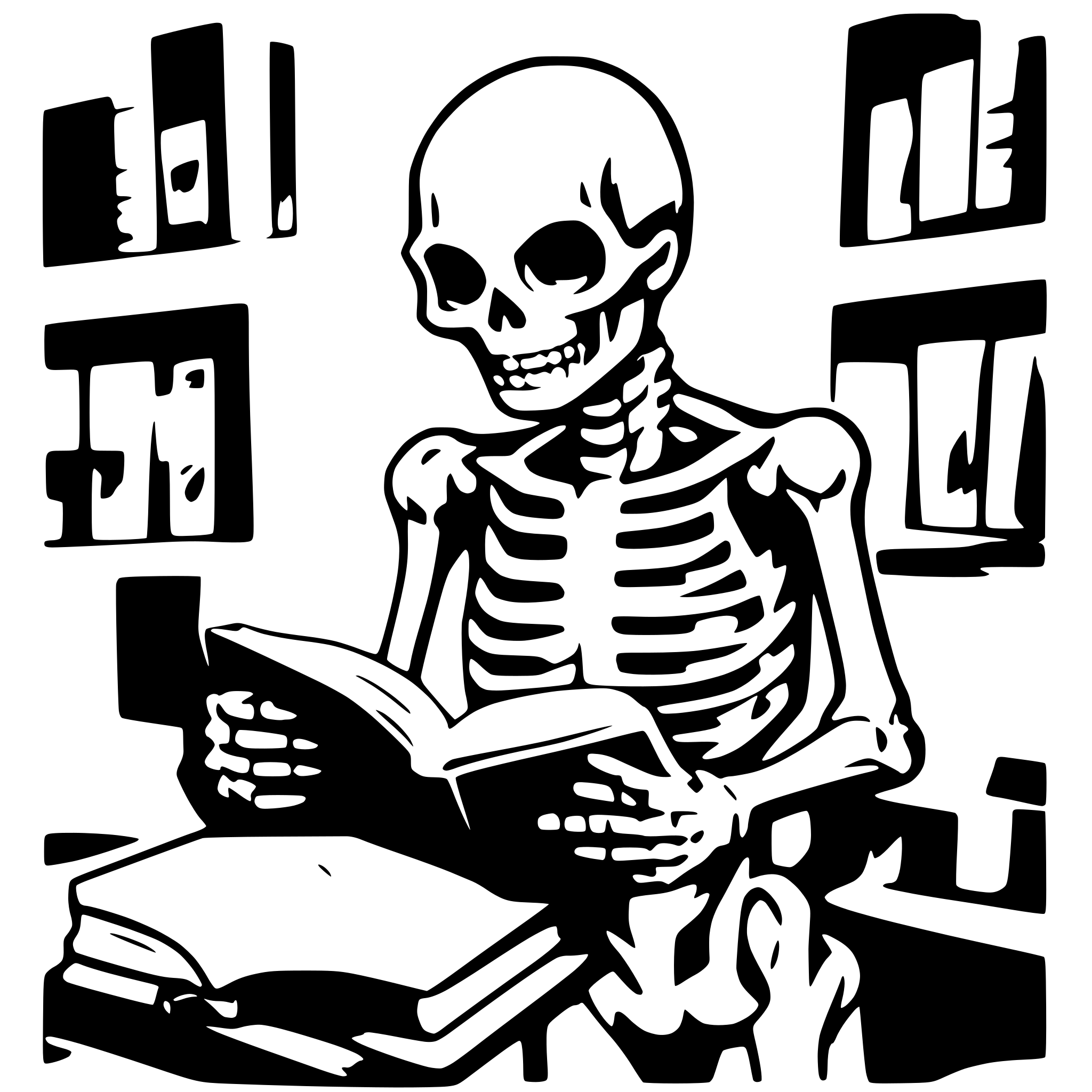 AI-generated SVG of 'skeleton reading a book'