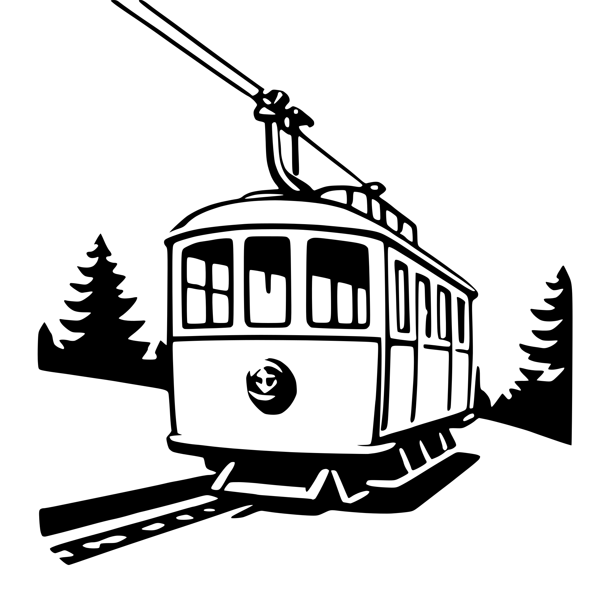 The SVG depicts a stylized train on tracks, with a simplistic design. The train is white with black outlines, and it features a single car with a circular emblem on the front. The train is moving along tracks that are set against a background that includes a simple representation of a forest with trees and a hint of a sky. The train is depicted in a side view, with the front car facing towards the right side of the SVG. The overall style is minimalistic and appears to be designed for a logo or icon, rather than a detailed illustration. 