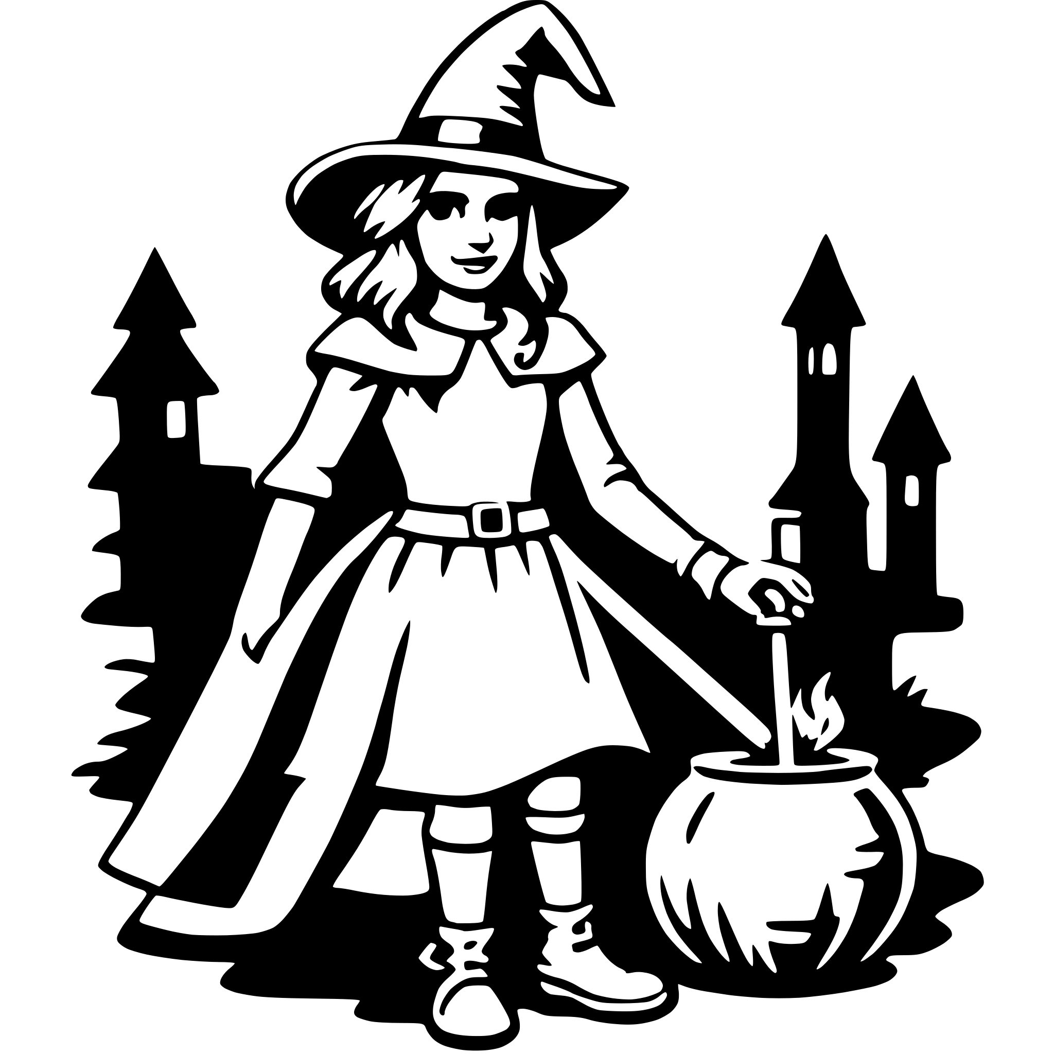 The SVG depicts a stylized illustration of a witch. The witch is wearing a long dress with a cape, a pointed witch's hat, and is holding a broomstick in one hand and a cauldron in the other. The witch is standing in front of a silhouette of a village with thatched-roof houses and a tower. The witch appears to be casting a spell or preparing to fly, as suggested by the broomstick. The SVG is simple and uses solid black lines against a white background. 