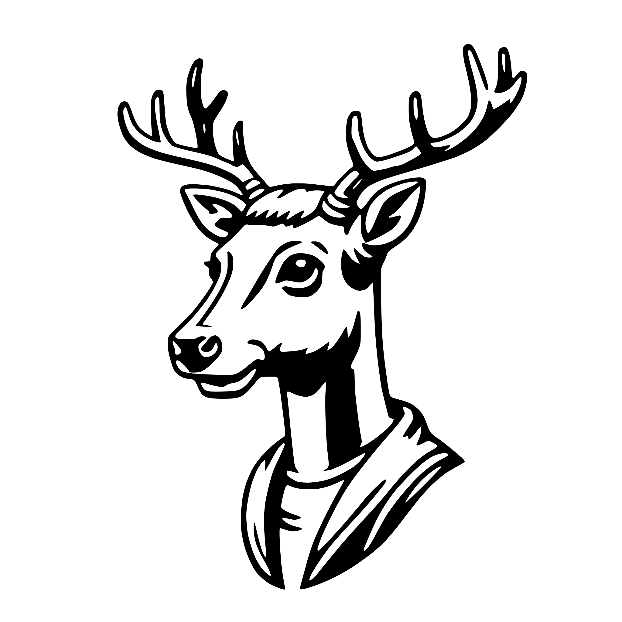The SVG depicts a stylized, cartoon-like representation of a deer's head. The deer has large, curved antlers, a prominent nose, and a pair of eyes. It is wearing a collar with a bell, suggesting it might be a pet or a character in a story. The deer's ears are pointed upwards, and it has a simple, smiling expression. The SVG is a vector graphic, which means it can be scaled up or down without losing quality. 
