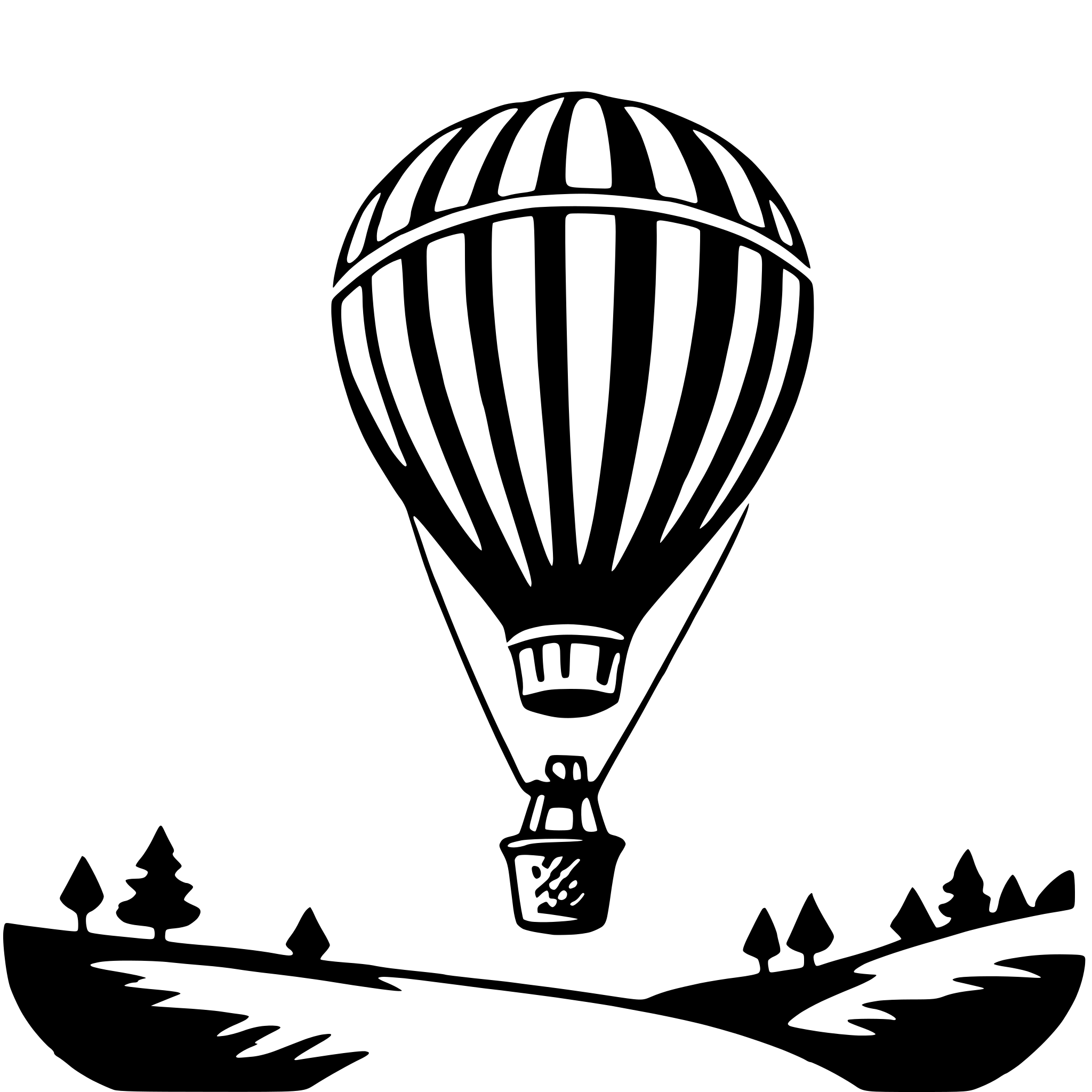 The SVG features a stylized depiction of a balloon with a basket attached to its base, floating in the sky. Below the balloon, there is a landscape with silhouettes of trees and a wavy line suggesting a river or a hill. The balloon is connected to the basket by a rope, and the basket appears to have a small opening at the top. The overall style is simplistic and graphic, with no shading or gradients, relying on solid black lines against a white background. 