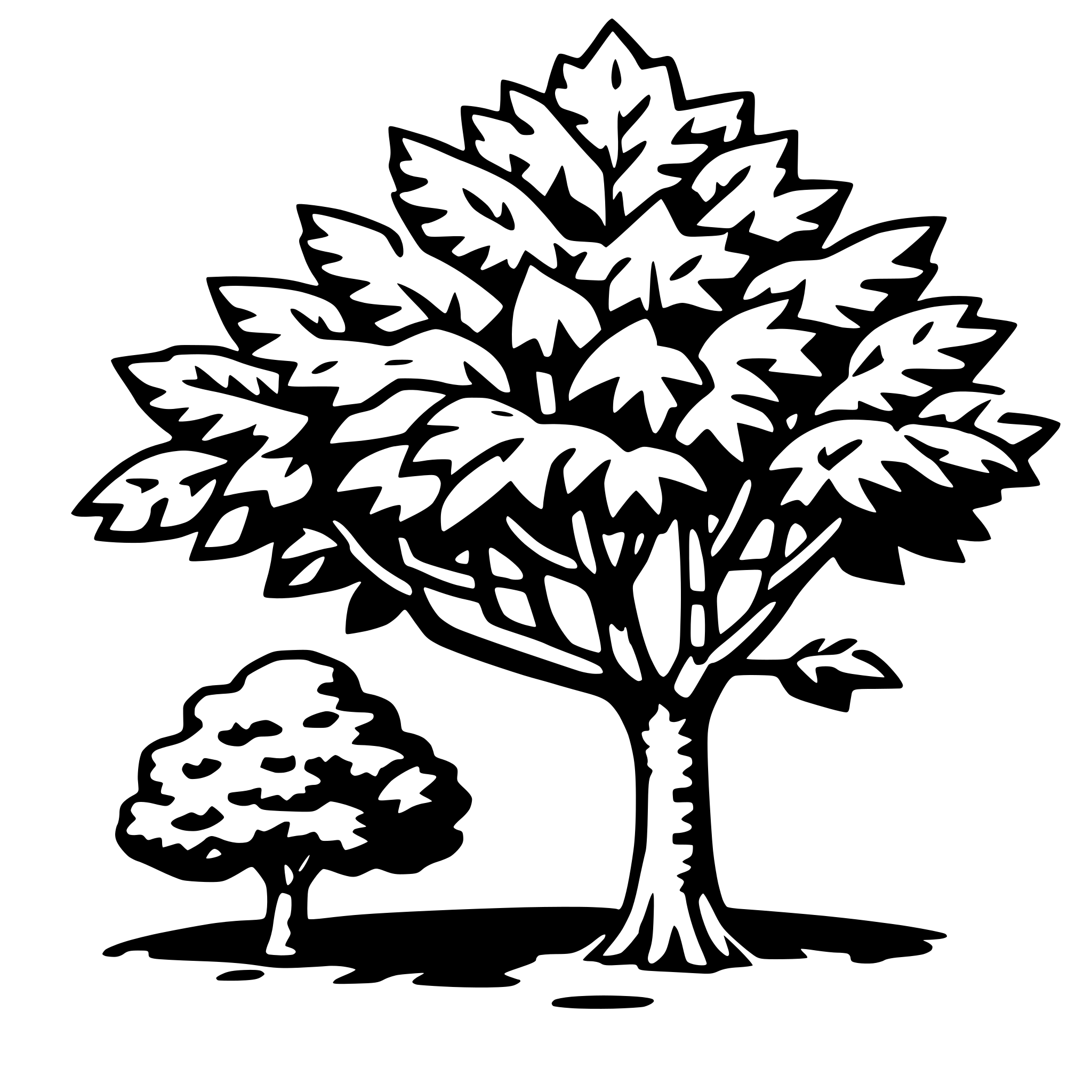 The SVG depicts a stylized tree with a full canopy of leaves and a single, smaller tree to its left. The larger tree has a thick trunk and a more detailed leaf pattern, while the smaller tree has a thinner trunk and a simpler leaf design. The trees are set against a plain background. There is no interaction between the trees; they are simply depicted side by side. 