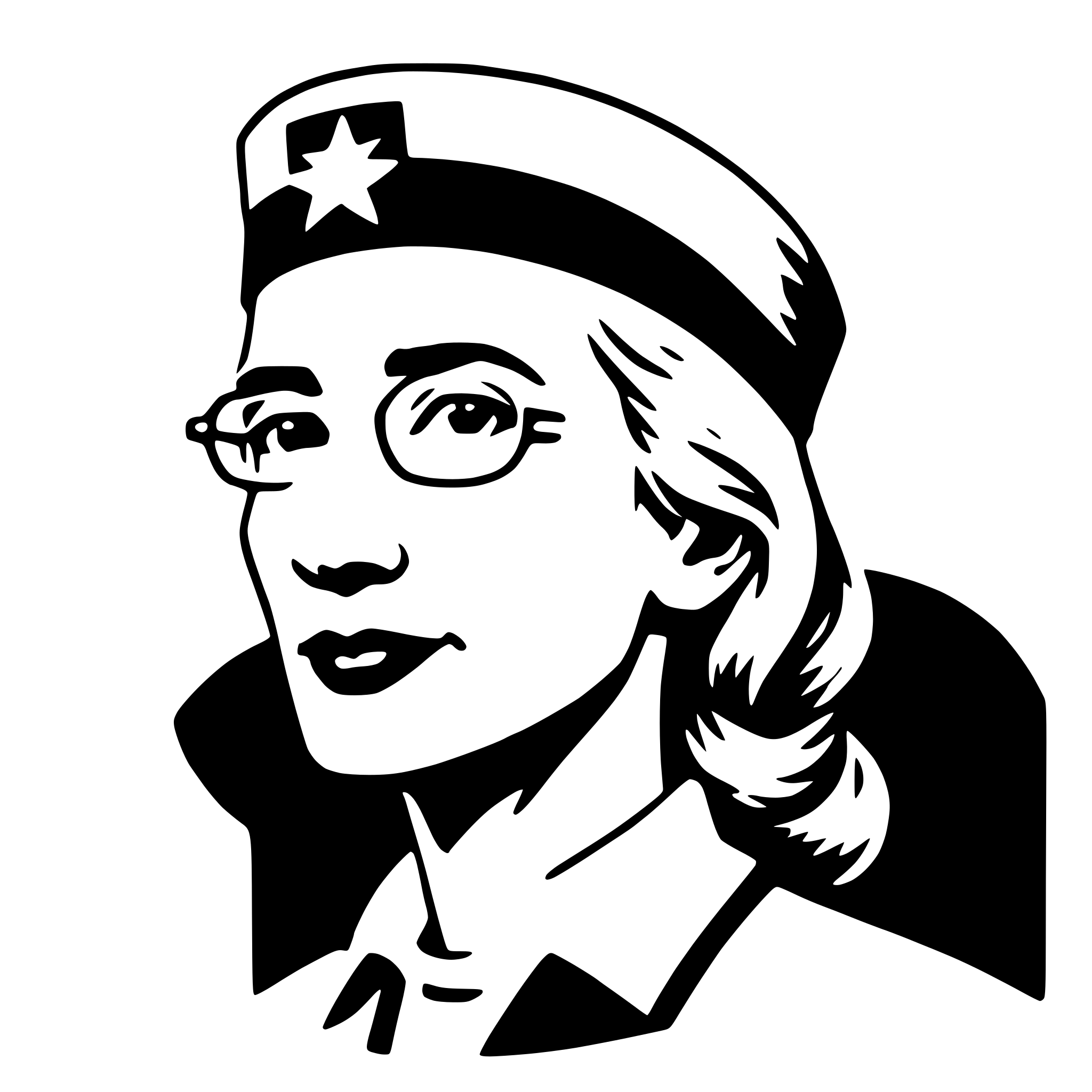 The SVG is a black and white vector illustration of a person's profile. The individual is depicted wearing a cap with a star emblem on the front, glasses, and a collar, suggesting a uniform or a specific role. The person's hair is styled in a bob cut, and they are looking directly at the viewer with a neutral expression. The style of the illustration is simplistic and iconic, with clean lines and minimal shading, which is characteristic of vector graphics. 