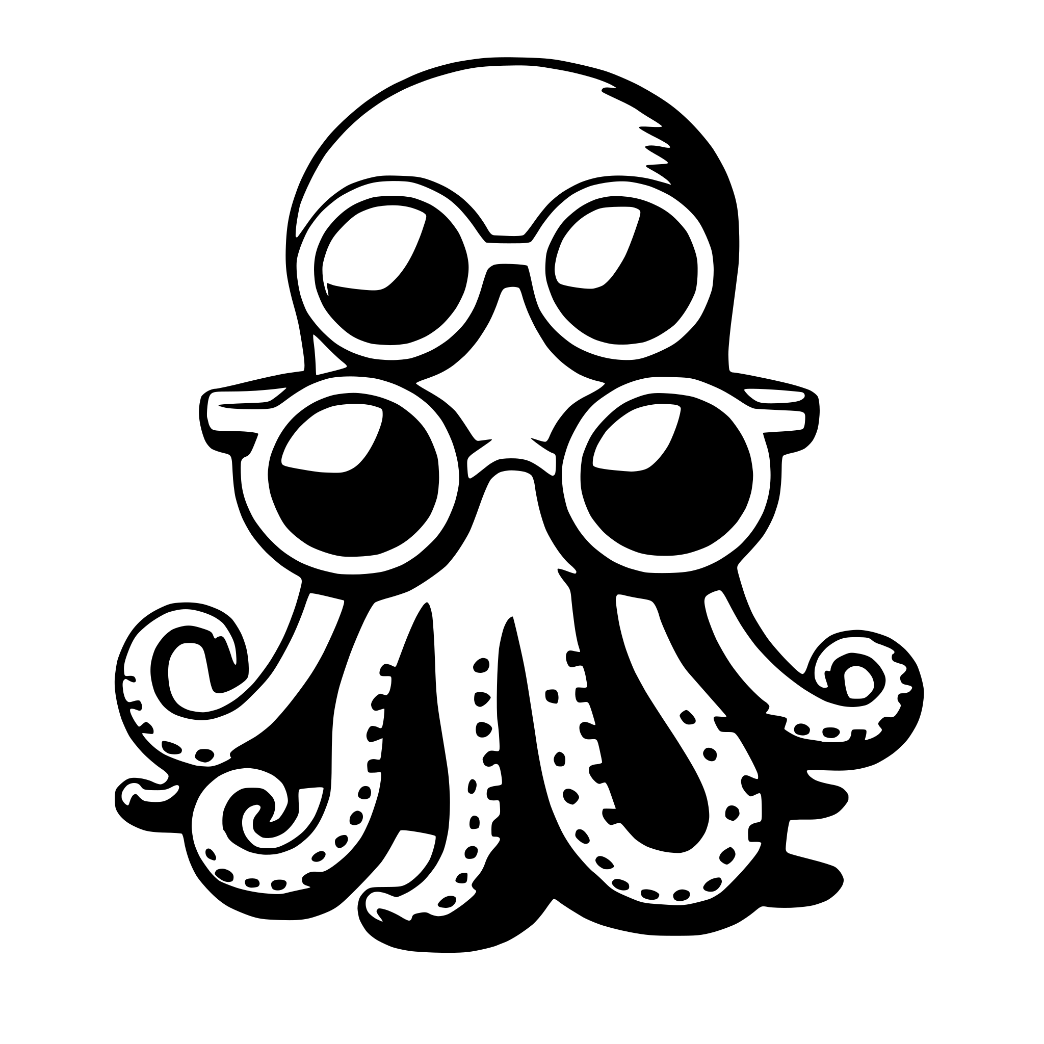 The SVG features a stylized octopus with a human-like face. The octopus has a large, round head with two prominent eyes that are designed to resemble a pair of glasses. The eyes are detailed with pupils and irises, giving the impression of a human-like gaze. The octopus's body is not fully visible, but it appears to have a series of tentacles that are curled around its body. The overall style of the SVG is cartoonish and whimsical, with a limited color palette that emphasizes the contrast between the octopus's body and its face. 