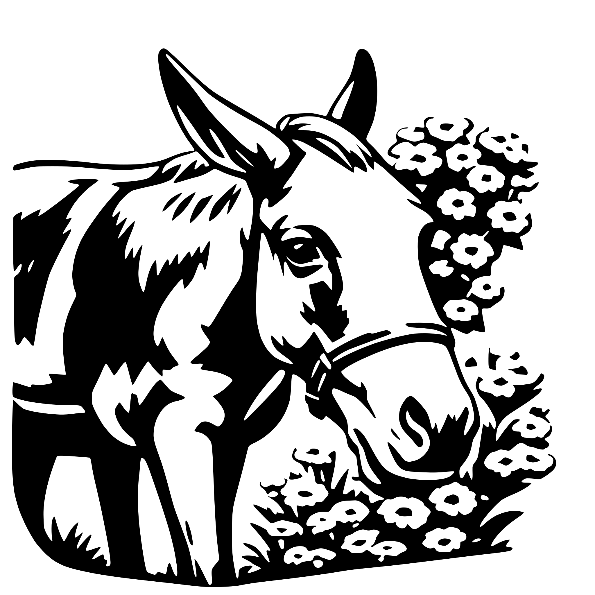 AI-generated SVG of a Mule smelling flowers