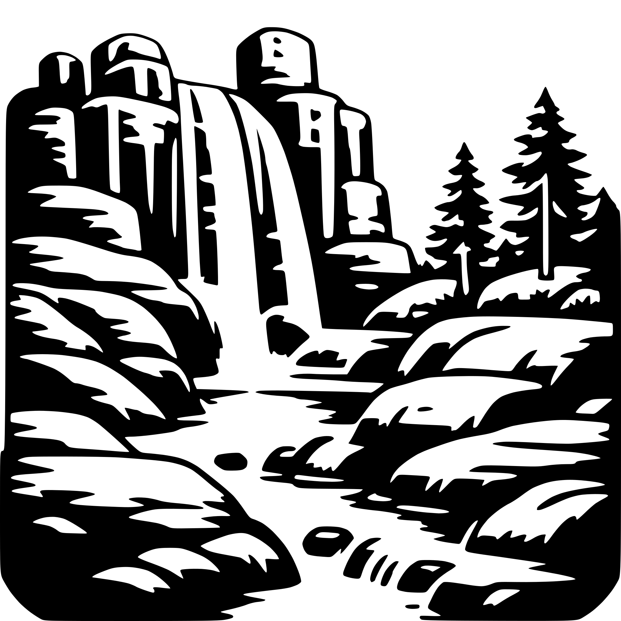 The SVG depicts a stylized landscape scene. The main objects include a waterfall cascading down a rocky cliff, with the water creating a misty effect at the bottom. Below the waterfall, there is a river flowing through a rocky terrain with patches of greenery, suggesting a forested area. The trees are depicted with simple, silhouette-like shapes, and the rocks are shown with varying shades of gray, giving a sense of depth and texture. The overall style is reminiscent of a woodcut print, with bold lines and a limited color palette. The SVG does not contain any text or additional elements that would require interaction. 