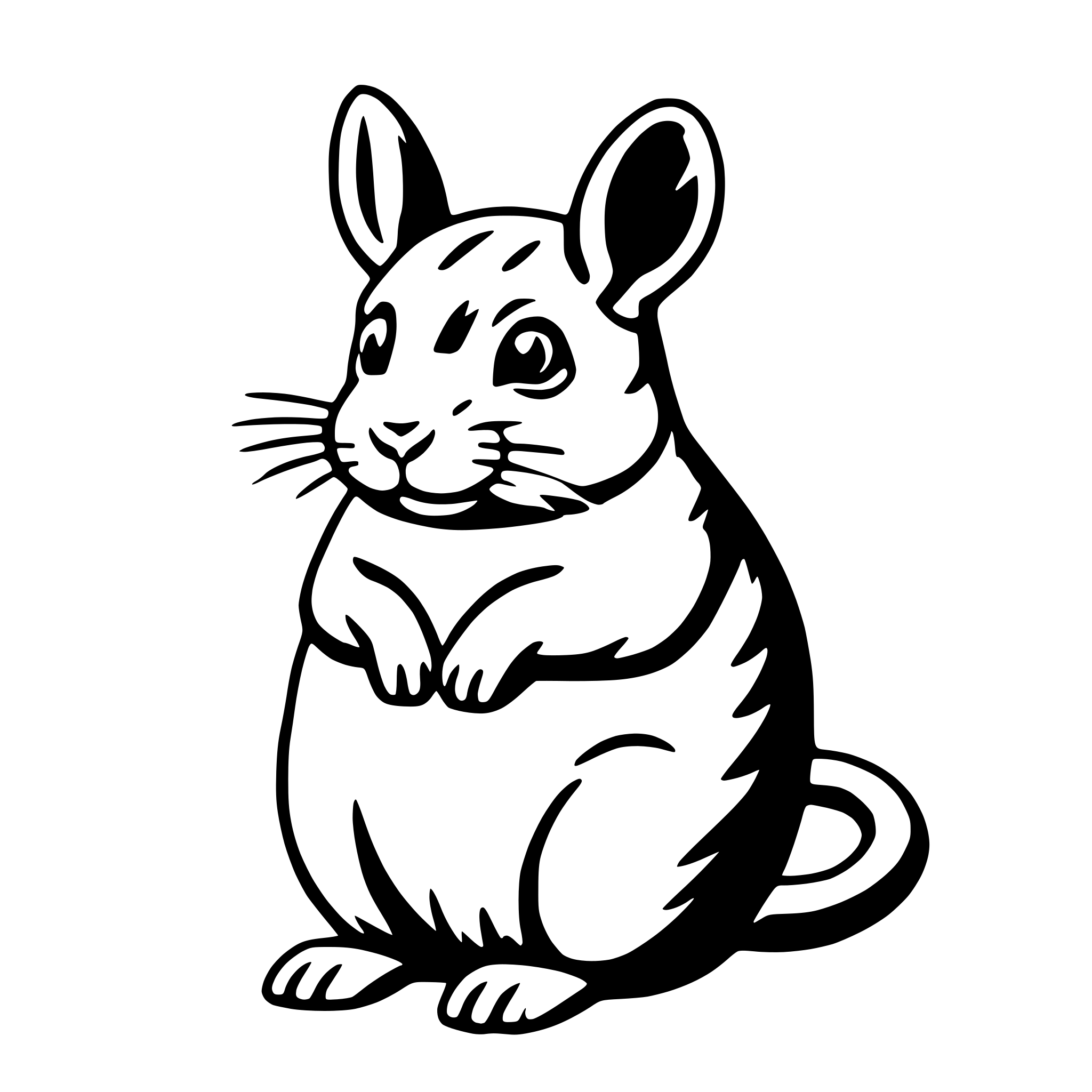 The SVG shows a simple line drawing of a cartoon mouse. The mouse is depicted with large, round ears, a small, round body, and a long, thin tail. It has a smiling face with two small eyes and a small nose. The mouse is standing upright on its hind legs, with its front paws resting on its chest. The SVG is a vector graphic, which means it can be scaled up or down without losing quality. 