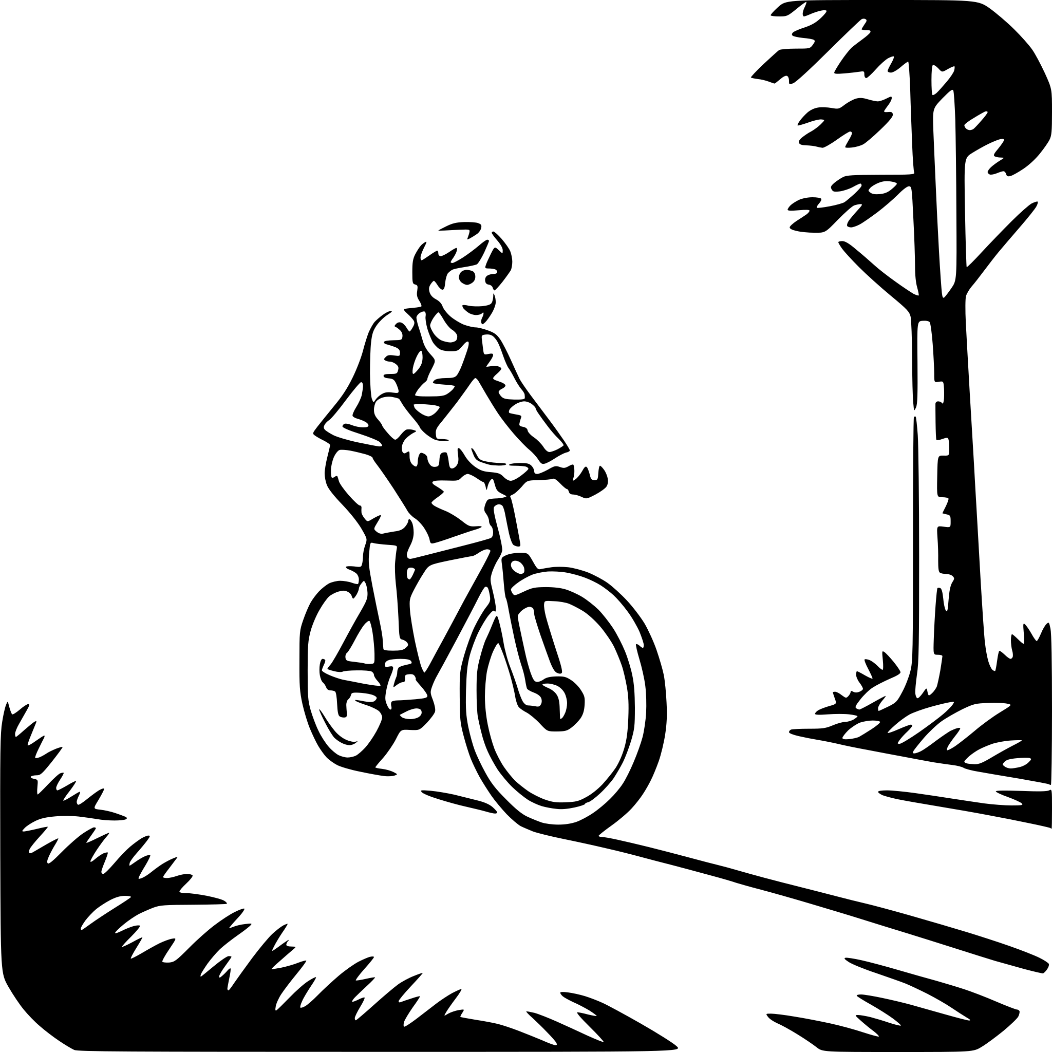 The SVG depicts a stylized black and white illustration of a young boy riding a bicycle on a path. The boy is wearing a long-sleeved shirt and shorts, and he appears to be in motion, with his arms outstretched for balance. The bicycle has two wheels, and the boy is seated on the saddle. The path is lined with a simple, stylized representation of grass and a tree with a few branches. The background is plain and does not provide any additional context or details. The SVG is a vector graphic, which means it can be scaled up or down without losing quality. 