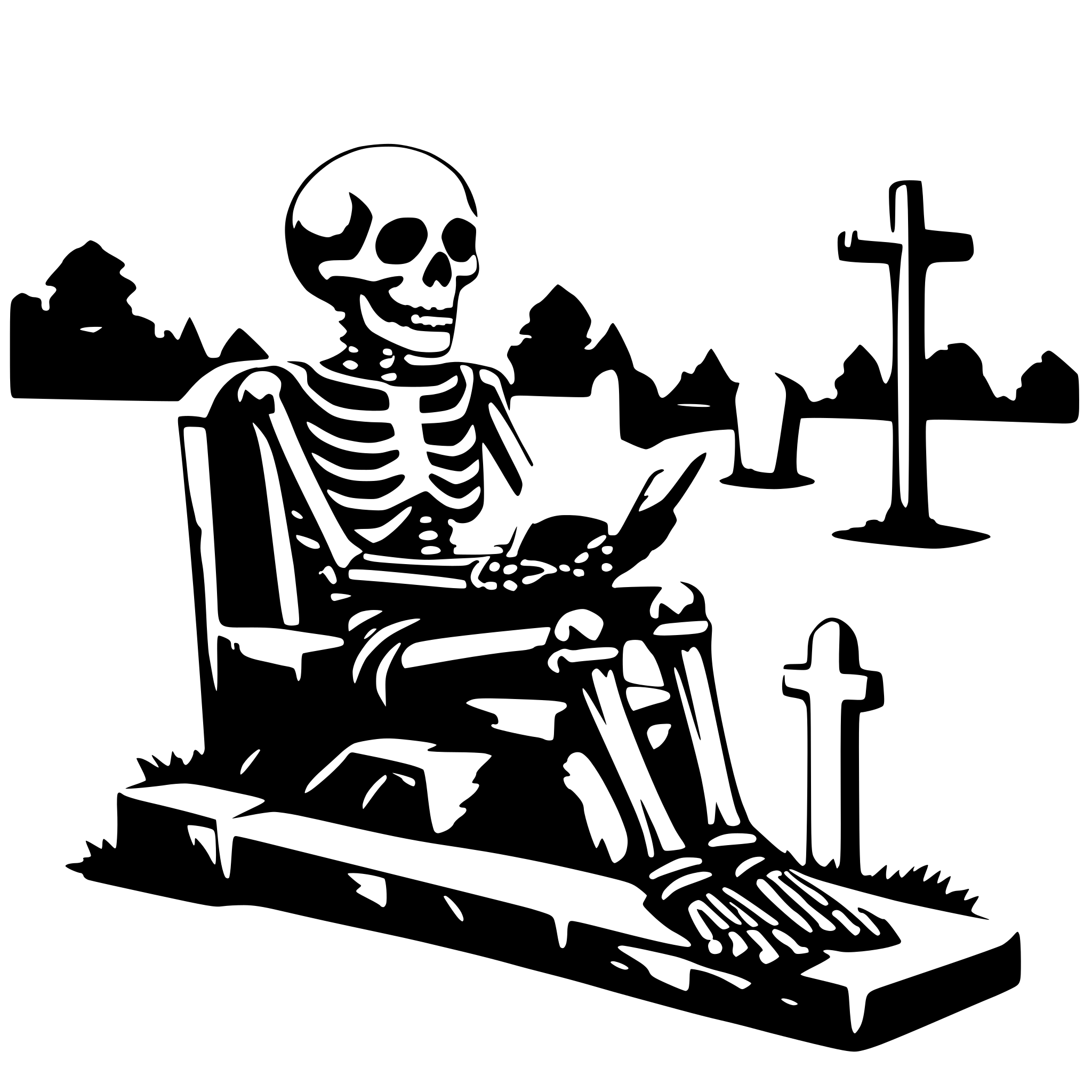 AI-generated SVG of a a reading skeleton on a cemetery