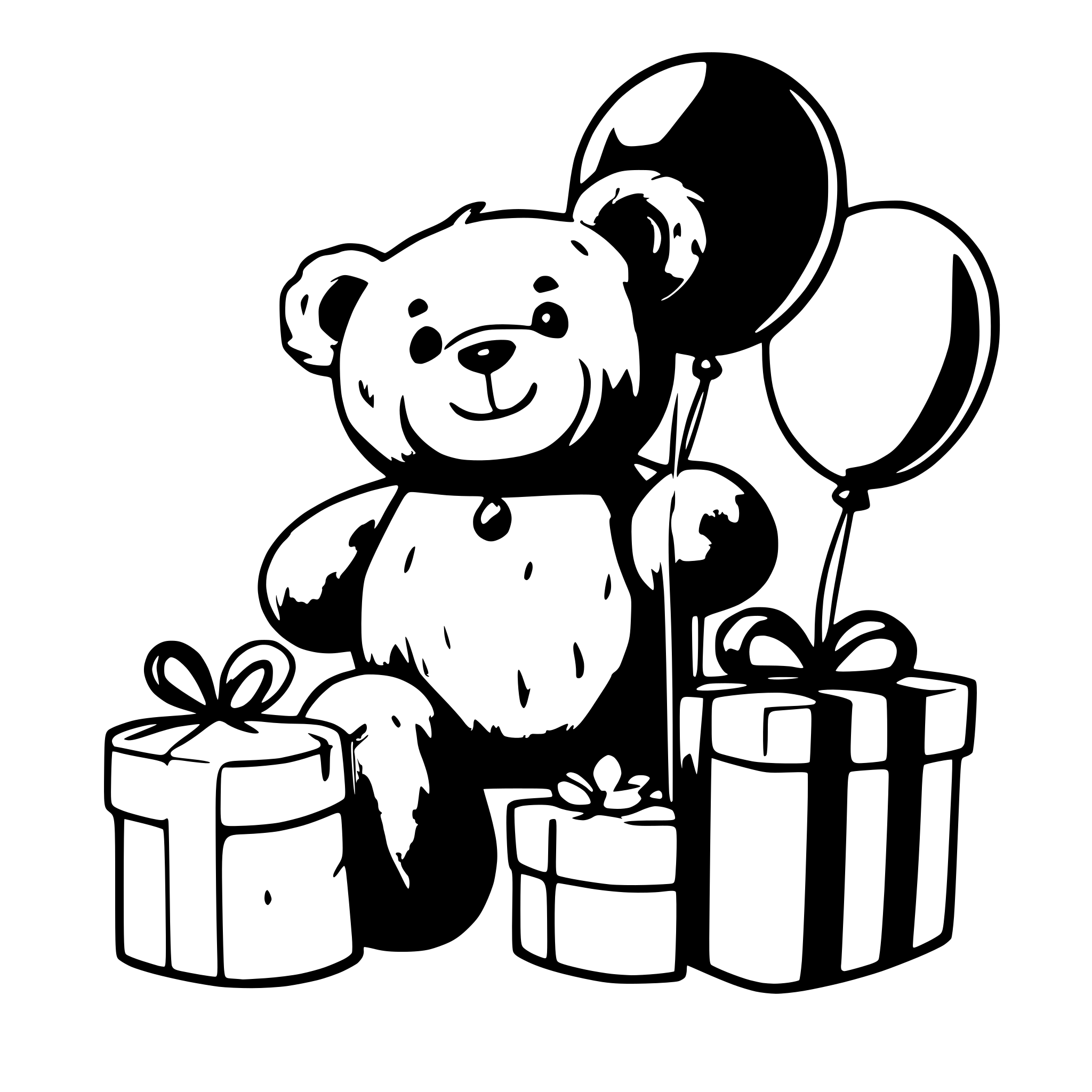 AI-generated SVG of a A cute teddy bear sitting amongst gifts and balloons with a happy birthday banner in top of him
