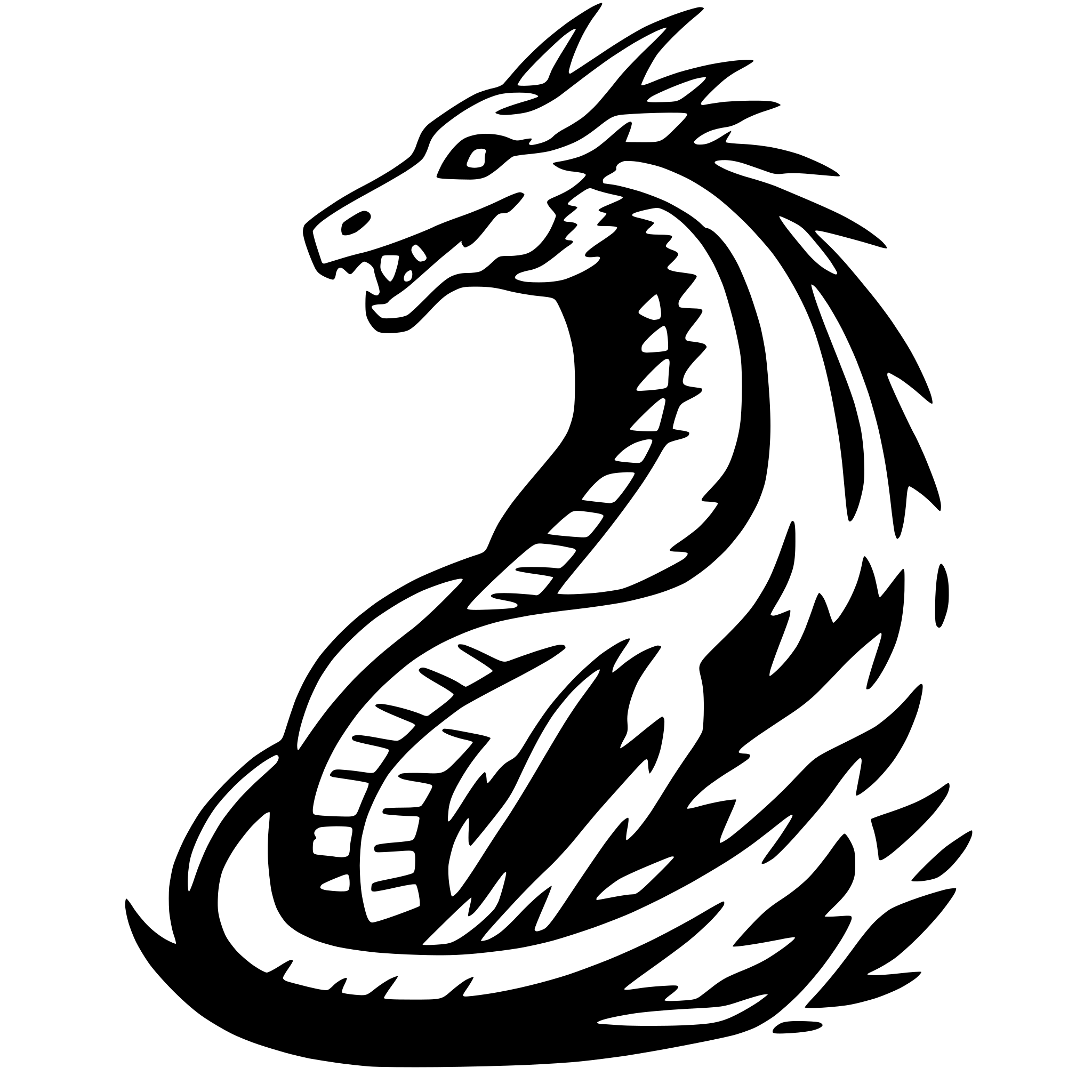 The SVG depicts a stylized dragon. The dragon is coiled with its body forming a loop, and its head is raised, showing its teeth. The dragon's body is adorned with a pattern that resembles scales, and it has a long, winding tail that extends behind it. The dragon's wings are not visible in this SVG. The dragon's head is turned slightly to the left, and it appears to be looking towards the viewer. The dragon's body is outlined with a thicker line, giving it a three-dimensional appearance. The SVG is a vector graphic, which means it can be scaled up or down without losing quality. 