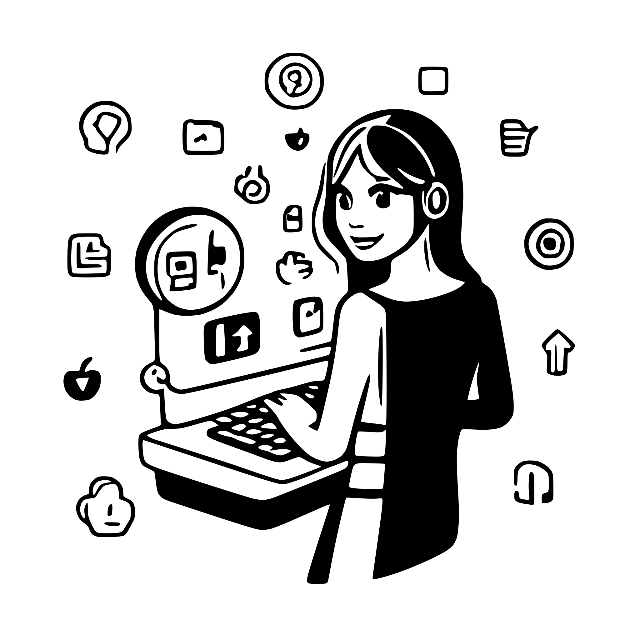 AI-generated SVG of '"A person typing on a keyboard, with glowing icons of social media and marketing tools surrounding them."'