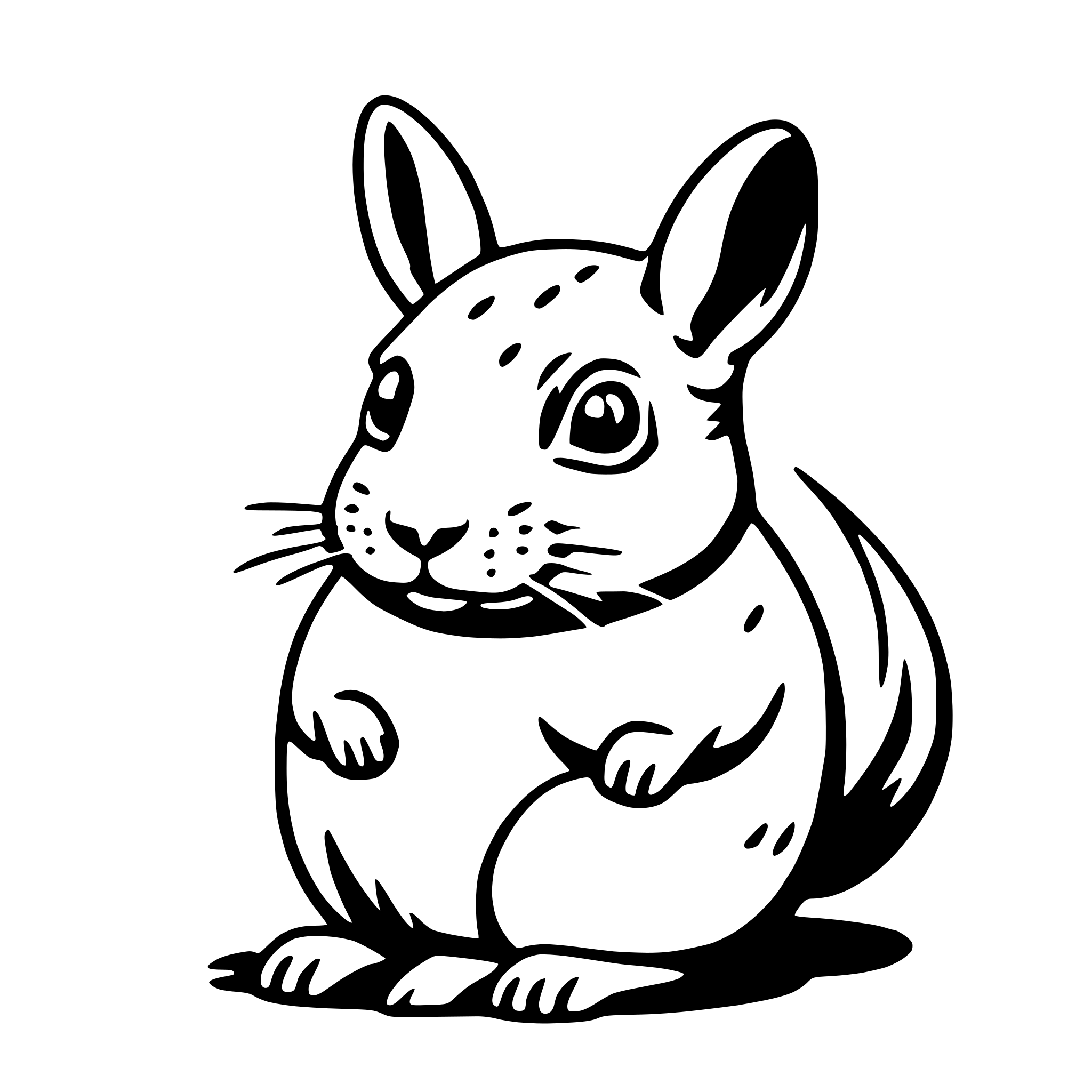 The SVG depicts a cartoon-style illustration of a chubby, anthropomorphic rabbit. The rabbit has large, round eyes, a small nose, and a small mouth. It has a round body with a tuft of fur on its tail. The rabbit is standing upright on its hind legs, with its front paws resting on its thighs. The illustration is simple and uses solid lines and shapes to define the rabbit's features and posture. There is no interaction between objects in this SVG, as it is a single, self-contained character. 