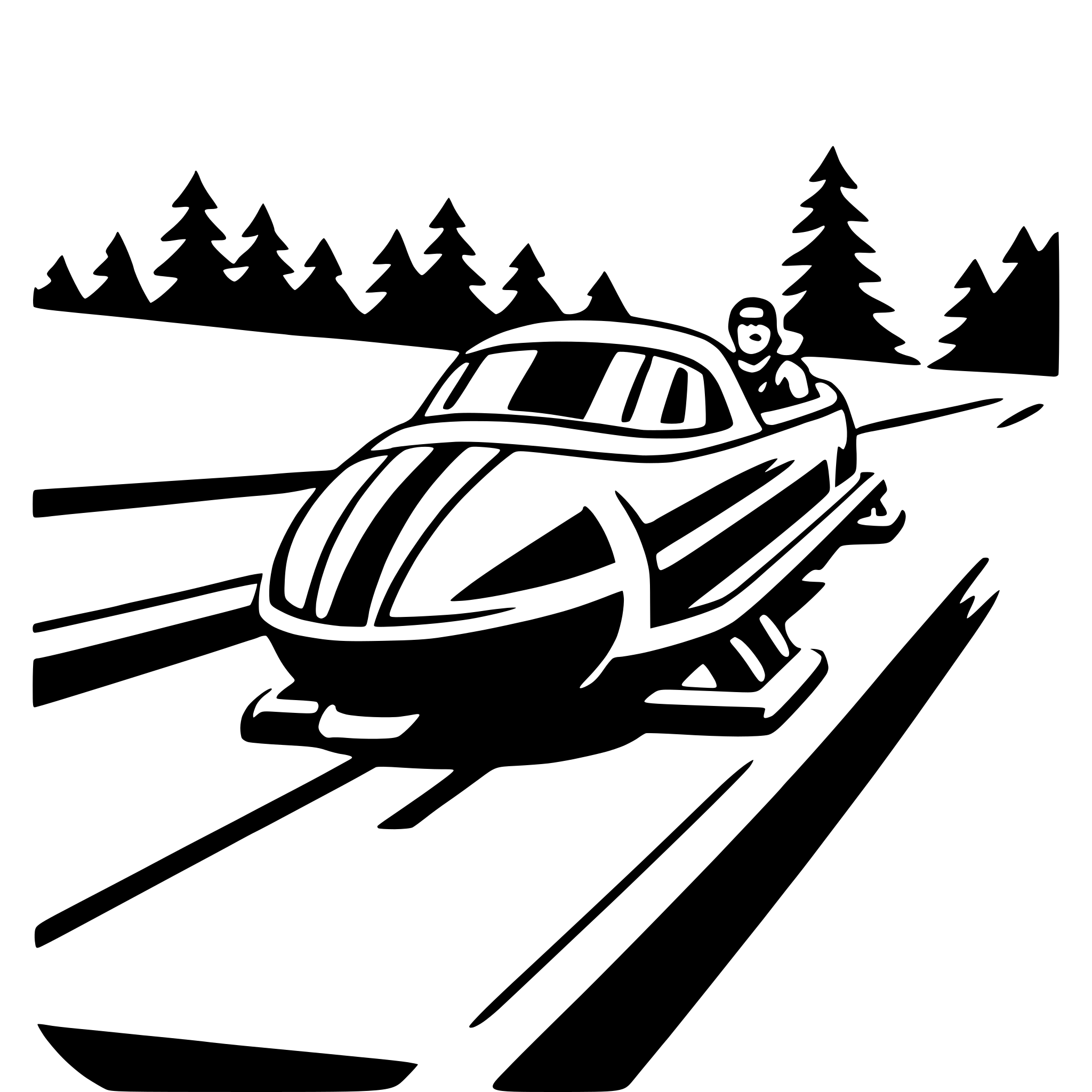 The SVG depicts a stylized scene of a person riding a snowmobile on a snowy road. The snowmobile is designed with a streamlined body and a prominent front grill, and it is depicted in motion with a sense of speed conveyed by the lines suggesting movement. The person on the snowmobile is wearing a helmet and appears to be in a seated position, holding onto the handlebars. The background features a simple, silhouette-like representation of a snowy landscape with trees and a road, which is also depicted with lines to indicate its direction. The overall style of the SVG is minimalistic and graphic, using solid black lines and shapes against a white background. 