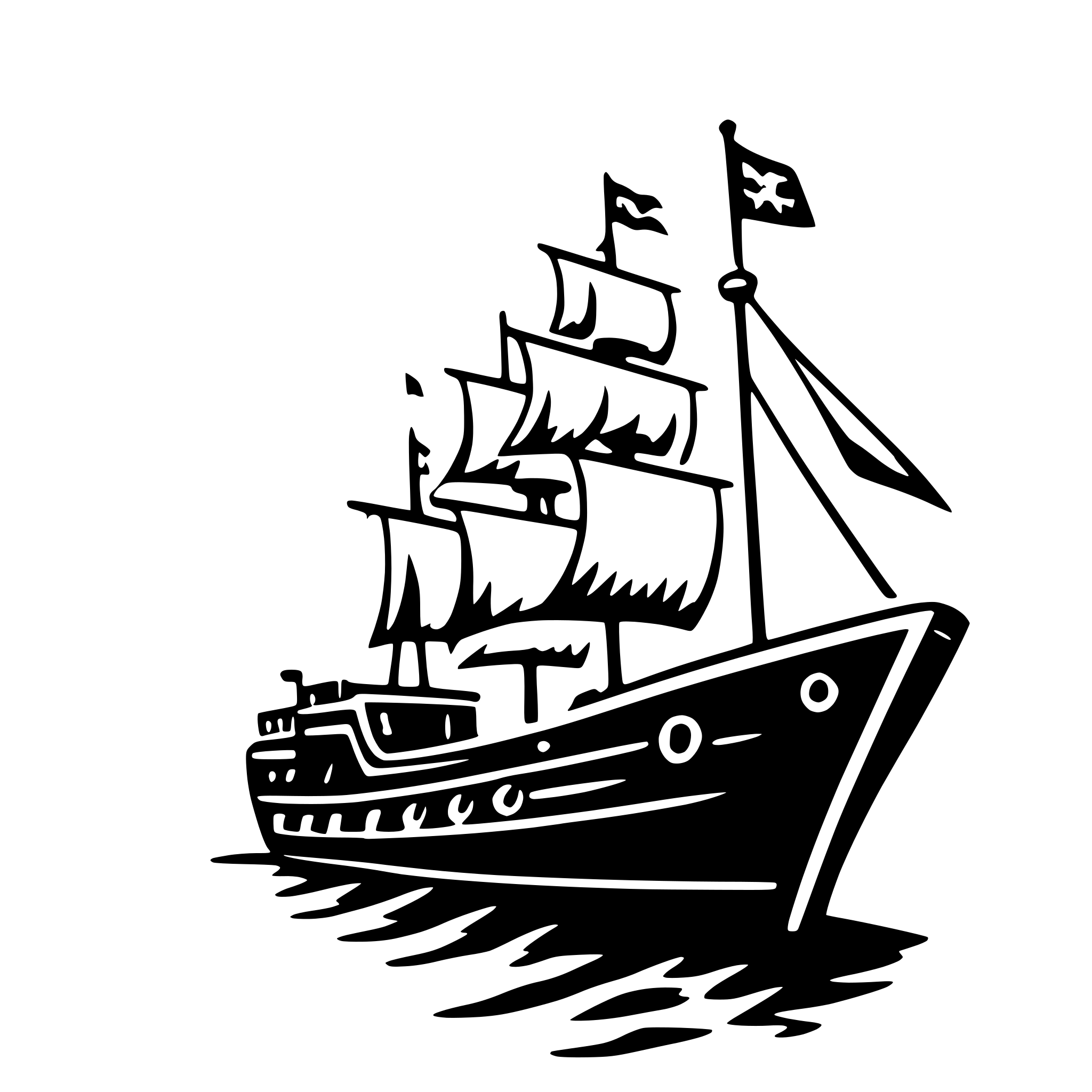 The SVG depicts a stylized black and white illustration of a sailing ship. The ship is the central object, with its hull, masts, sails, and rigging clearly visible. The sails are unfurled, suggesting the ship is in motion. There are multiple masts, each with a crow's nest at the top, and the ship's hull is detailed with a series of portholes and a sterncastle. The ship is depicted on water, with waves and ripples around it, indicating movement. There are also flags flying from the masts, which are likely to represent the ship's nationality or affiliation. The overall style of the SVG is reminiscent of classic maritime illustrations, with a focus on the ship's structure and the sea's motion. 