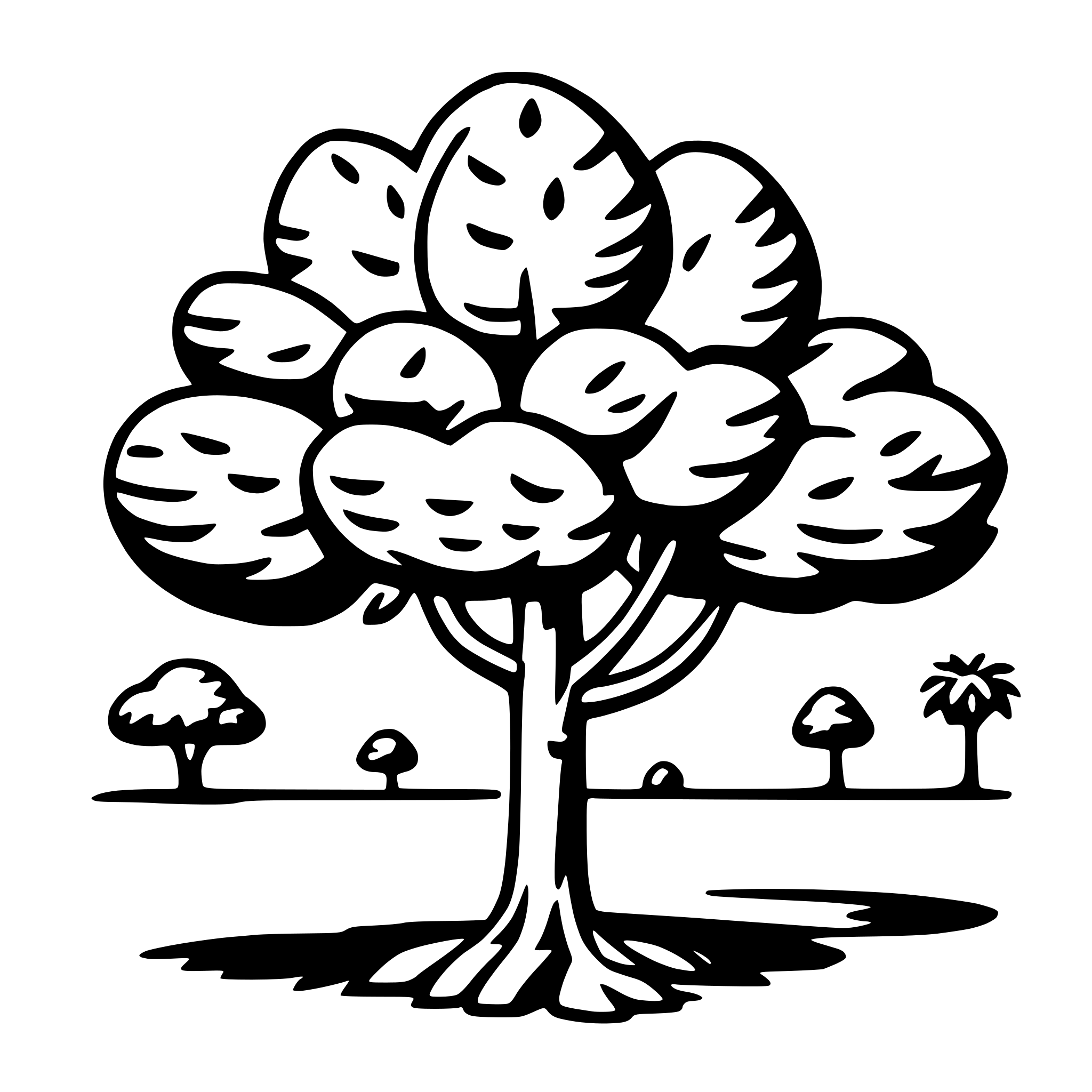The SVG depicts a stylized tree with a rounded canopy, consisting of several leaf-like shapes, and a thin trunk. The tree is set against a simple background that includes a few smaller trees or shrubs and a flat horizon line. The overall style is minimalistic and appears to be a line drawing with no shading or color information. The trees are arranged in a way that suggests a natural landscape, possibly a park or a garden. The SVG does not contain any text or additional elements that would require a more detailed description. 