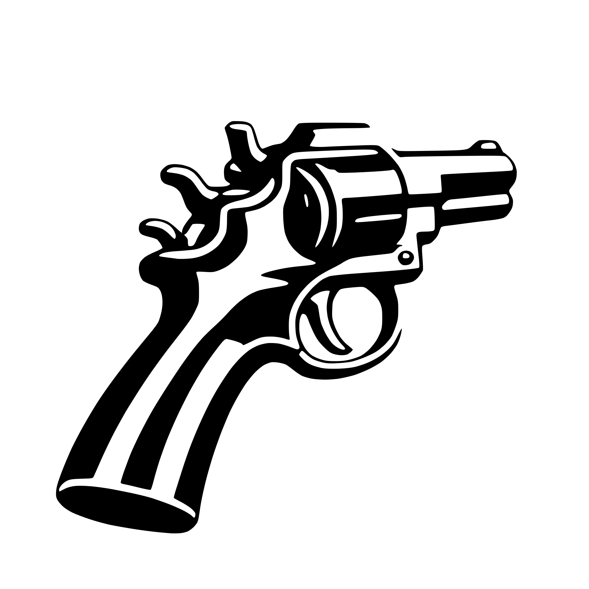 The SVG shows a stylized black and white graphic of a revolver. The revolver is depicted in a side profile view, with the barrel pointing to the right and the handle extending to the left. The cylinder of the revolver is visible, and the barrel has a series of grooves, which is typical for firearms to provide grip. The handle has a grip-friendly texture, and the trigger is visible at the bottom of the handle. The overall design is simplistic and lacks intricate details, focusing on the basic shapes and lines to represent the firearm. 