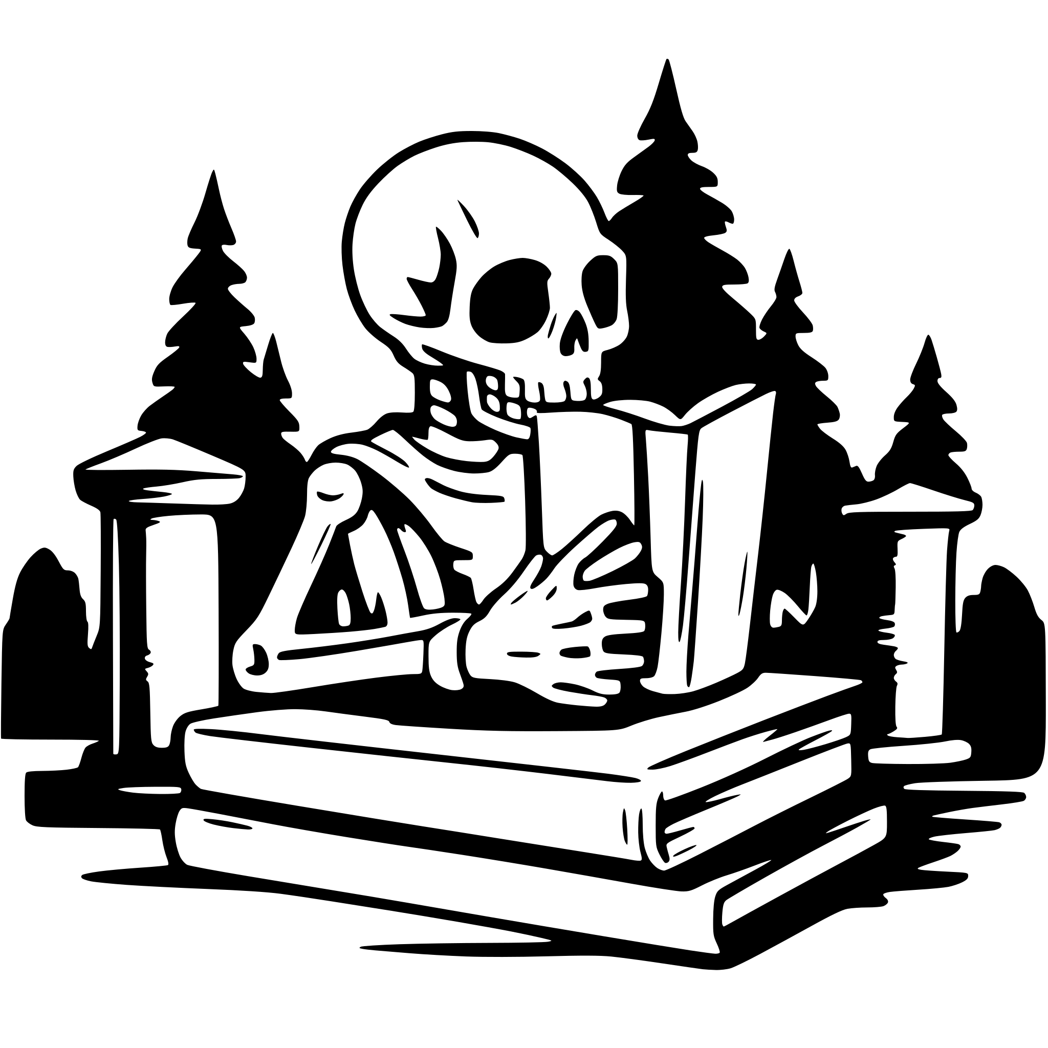 AI-generated SVG of a a skeleton on a cemetery reading a big book
