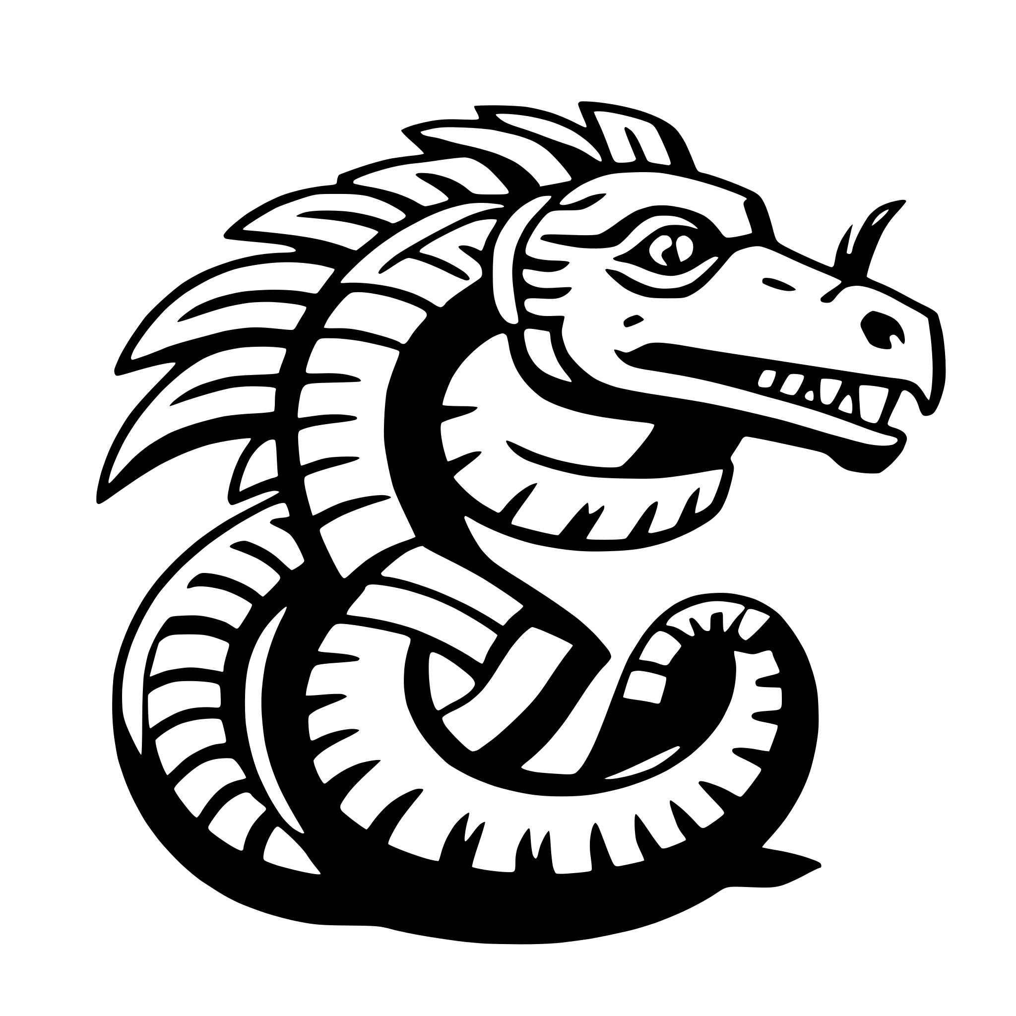 The SVG depicts a stylized, cartoonish dragon. The dragon has a long, coiled body with scales, and it is depicted in a side profile view. Its head is turned slightly to the left, and it has a fierce expression with its mouth open, showing sharp teeth. The dragon's tail is curled around its body, and it has a prominent crest along its back. The SVG is a vector graphic, which means it is composed of lines and curves that can be scaled up or down without losing quality. 
