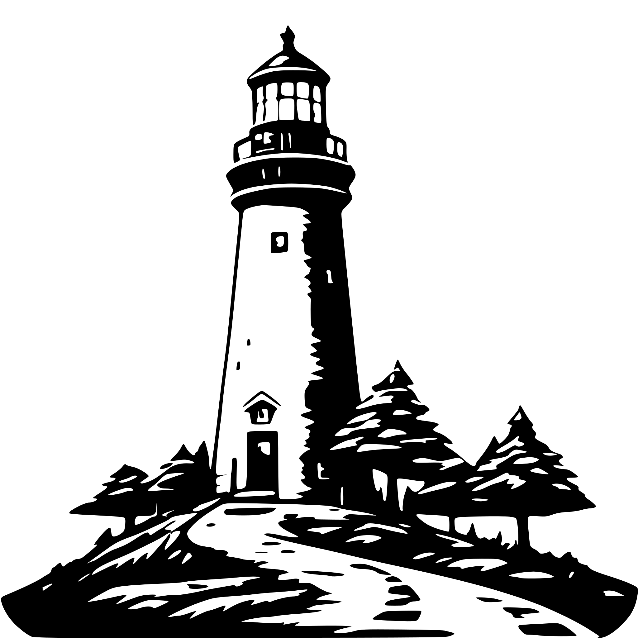 AI-generated SVG of 'make black and white line spirals many orginating from the lighthouse in the left side on a island with trees'