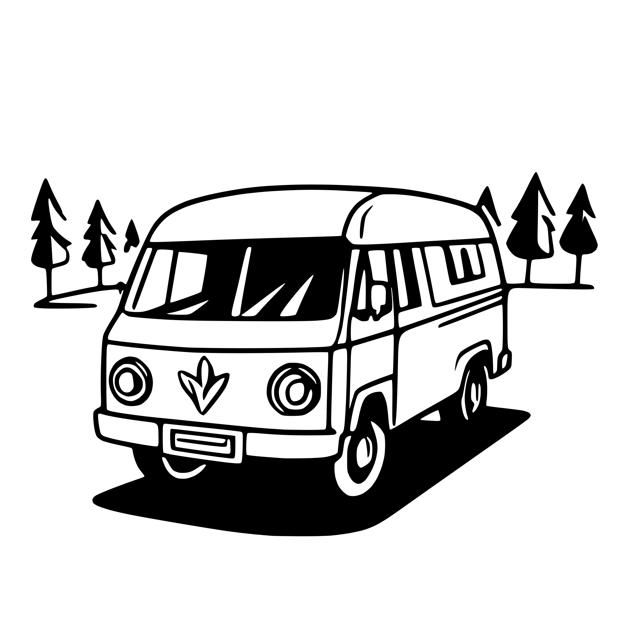 AI-generated SVG of 'A cute, simple illustration of a camper van pulling into a campground. Long shot profile viewpoint.'